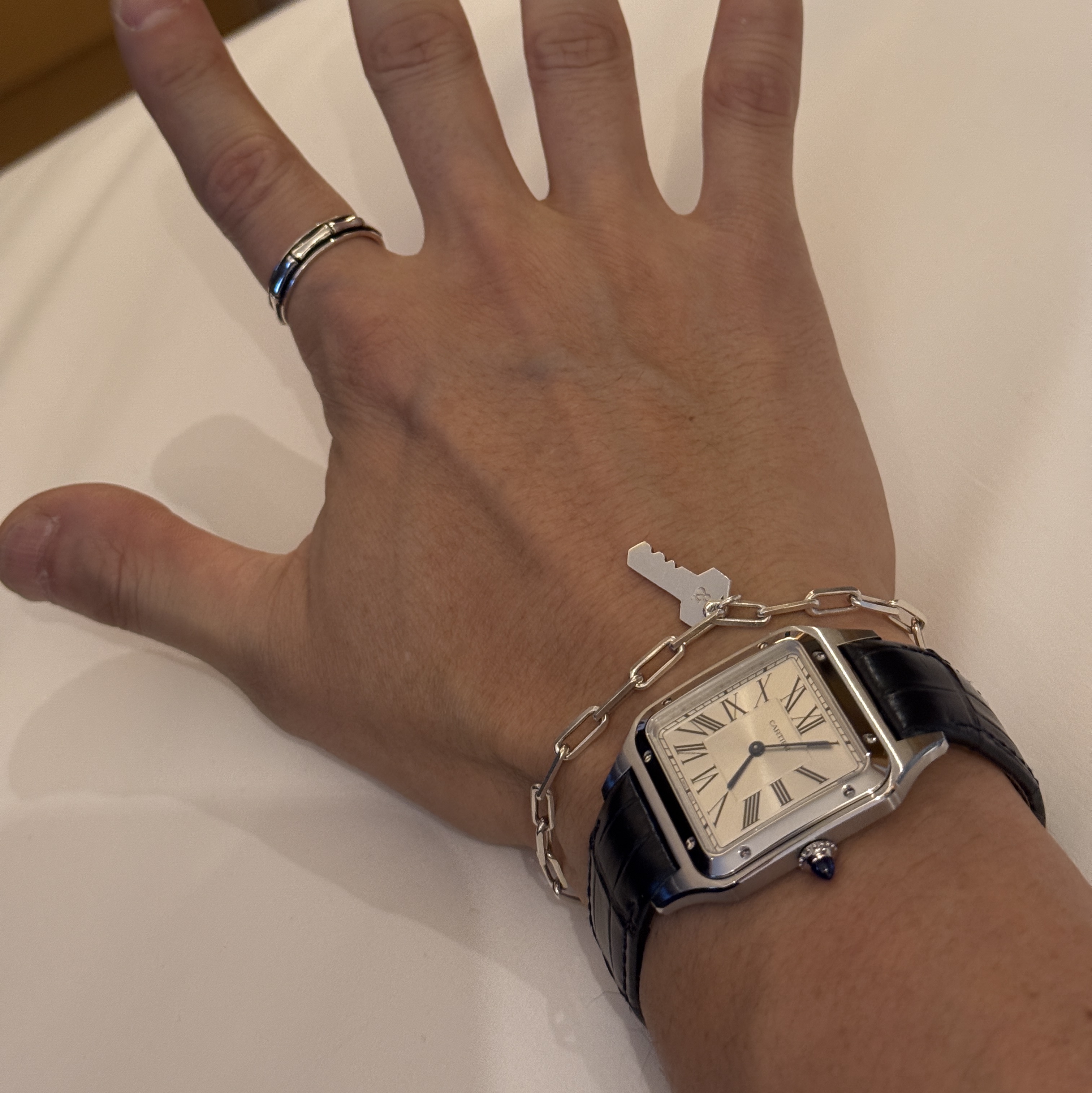 Cartier Santos Dumont Watch Large Quartz Steel Alligator Leather Navy Blue 착용 스타일 - 4
