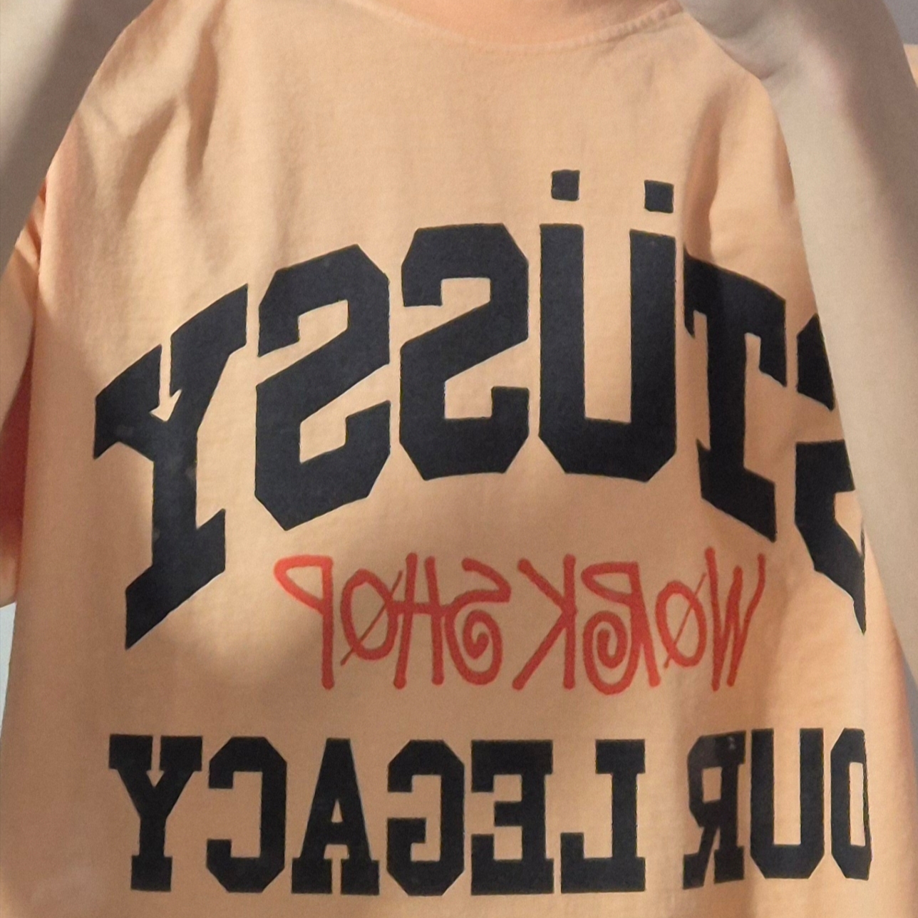 Stussy x Our Legacy Work Shop Pigment Dyed Collegiate T-Shirt Peach 착용 스타일