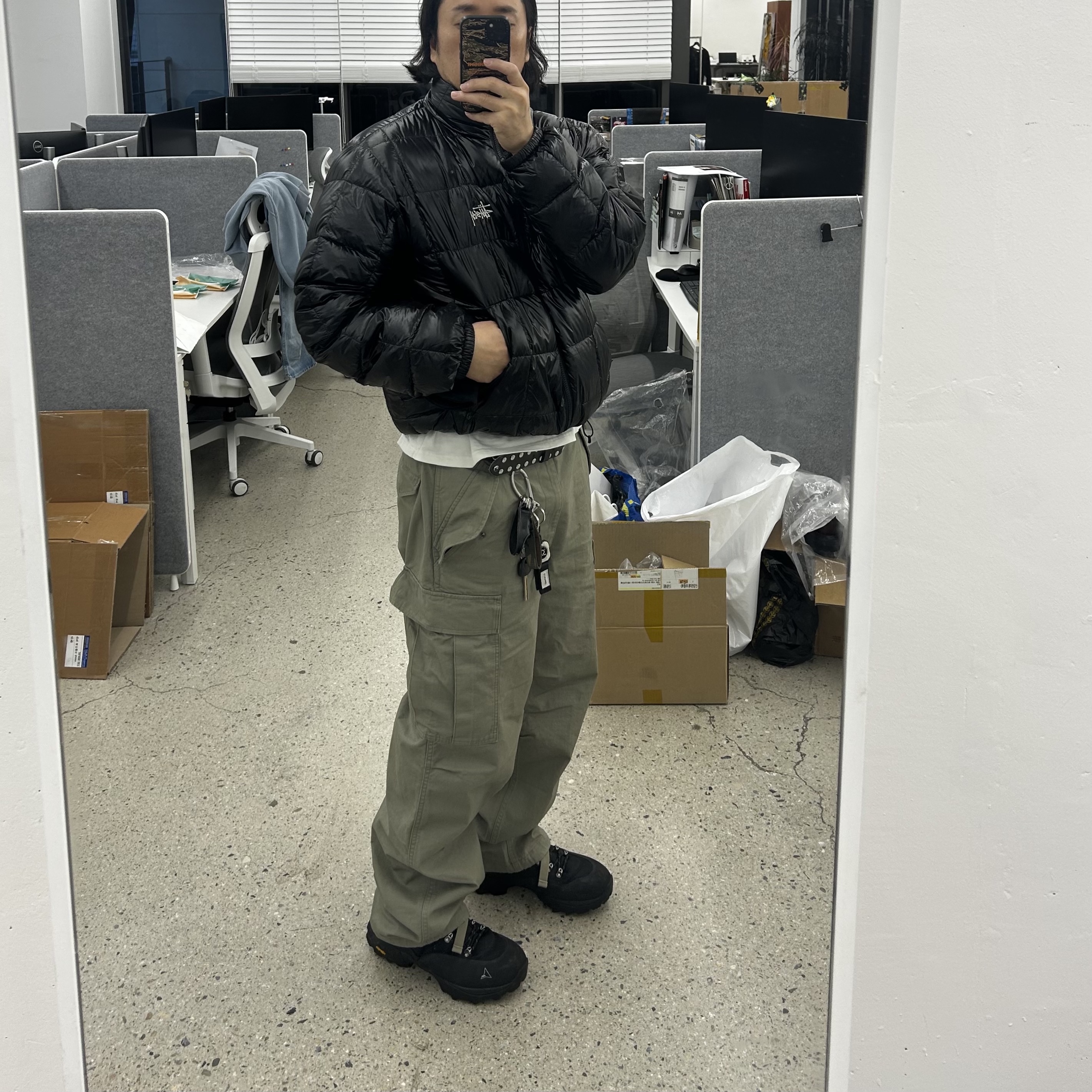 Stussy Midweight Puffer Black, Stussy Ripstop Military Cargo Pants Olive 착용 스타일 - 2