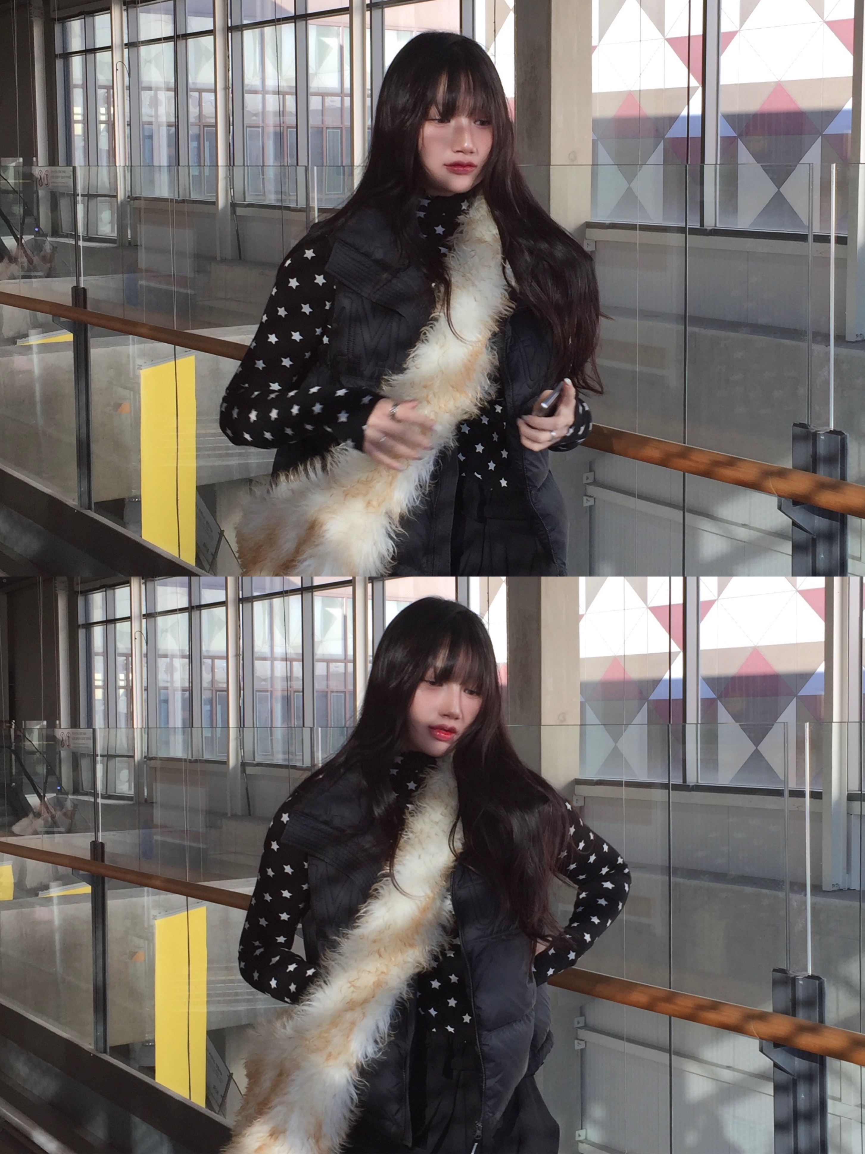 Matin Kim Big Logo Point Down Vest Black, Subu Down Sandal Exclusive Star 착용 스타일 - 1