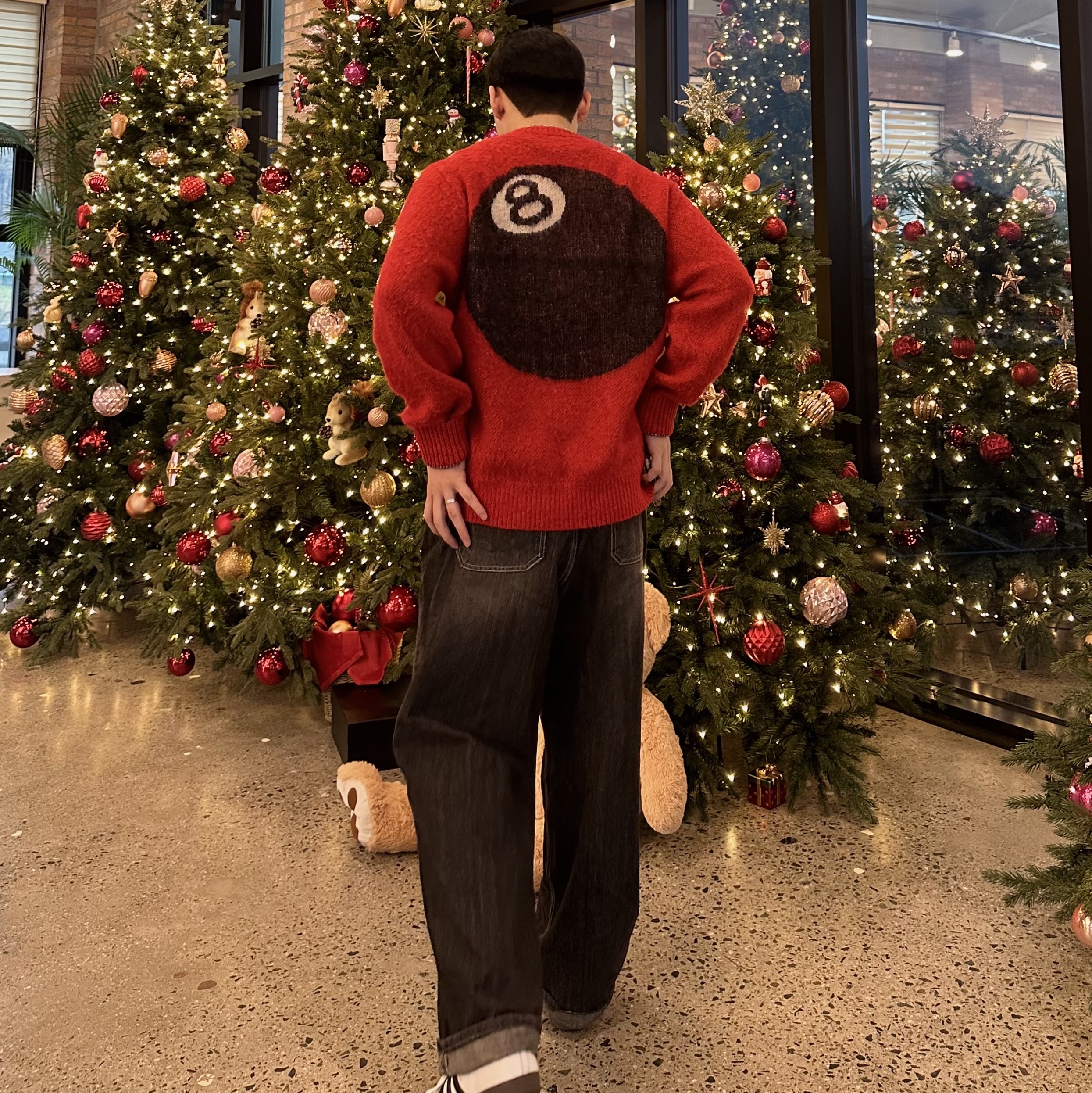 Stussy 8 Ball Heavy Brushed Mohair Sweater Red, Adidas Samba OG Cloud White 착용 스타일 - 1