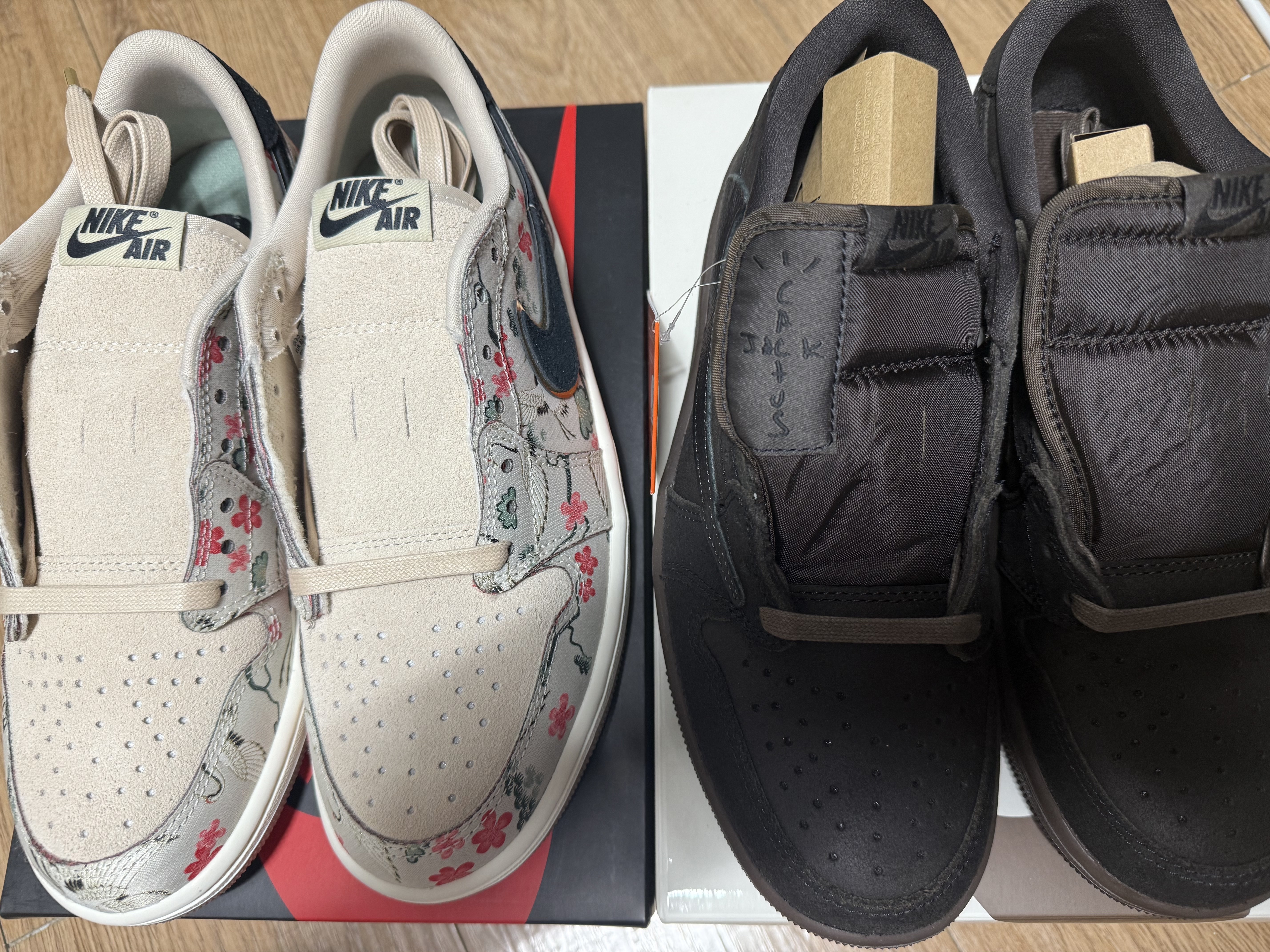 Jordan 1 Retro Low OG Rui Cranes, Jordan 1 x Travis Scott Retro Low OG SP Velvet Brown and Dark Mocha 착용 스타일
