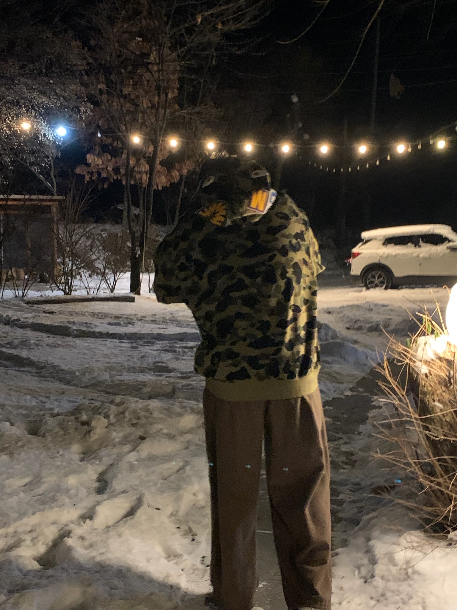 BAPE 1st Camo Jacquard Shark Full Zip Hoodie Green, BAPE 1st Camo Shark Full Zip Hoodie Army Green 착용 스타일 - 2