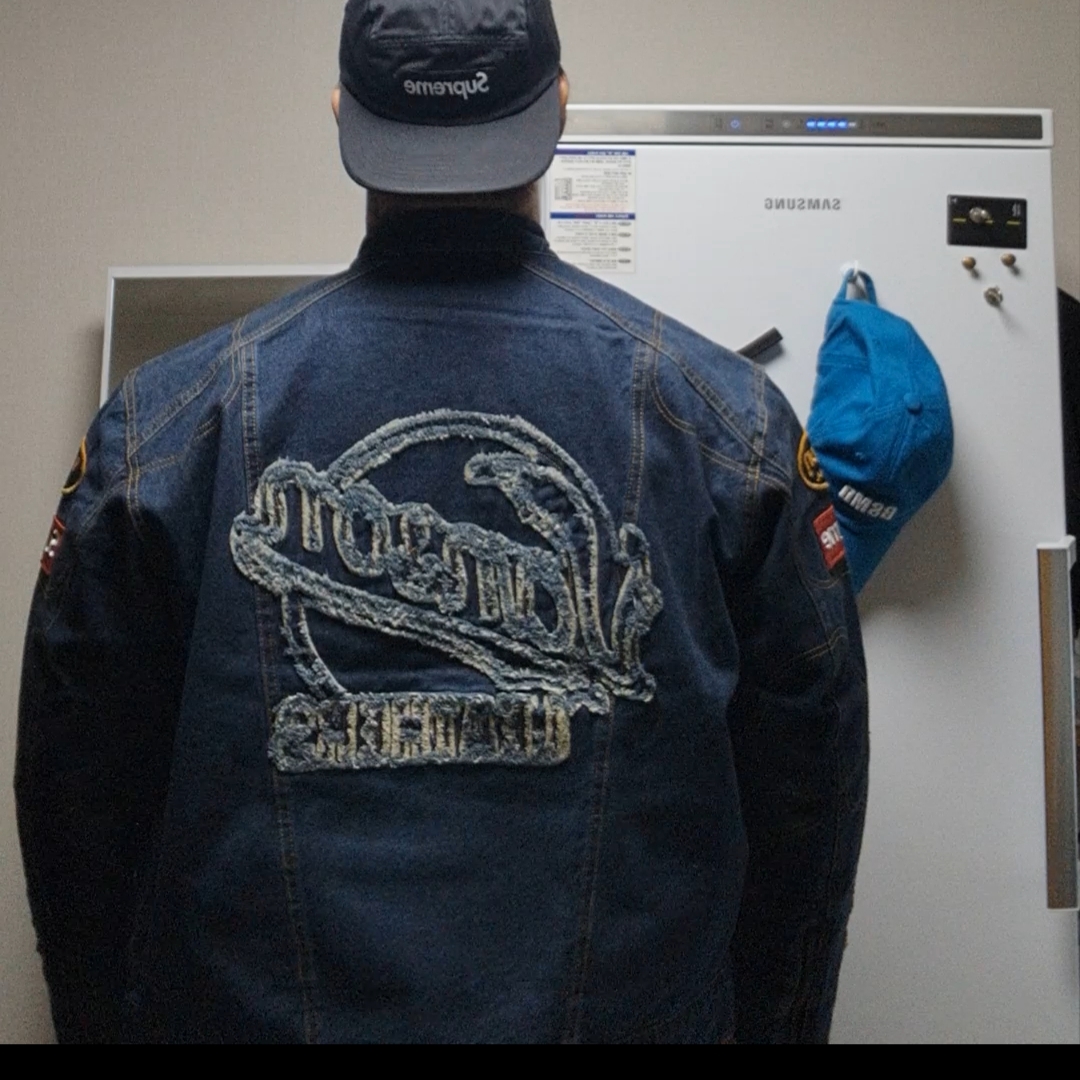Supreme x Vanson Leathers Cordura Denim Jacket Blue - 22FW, Supreme Washed Chino Twill Camp Cap Black 착용 스타일 - 5