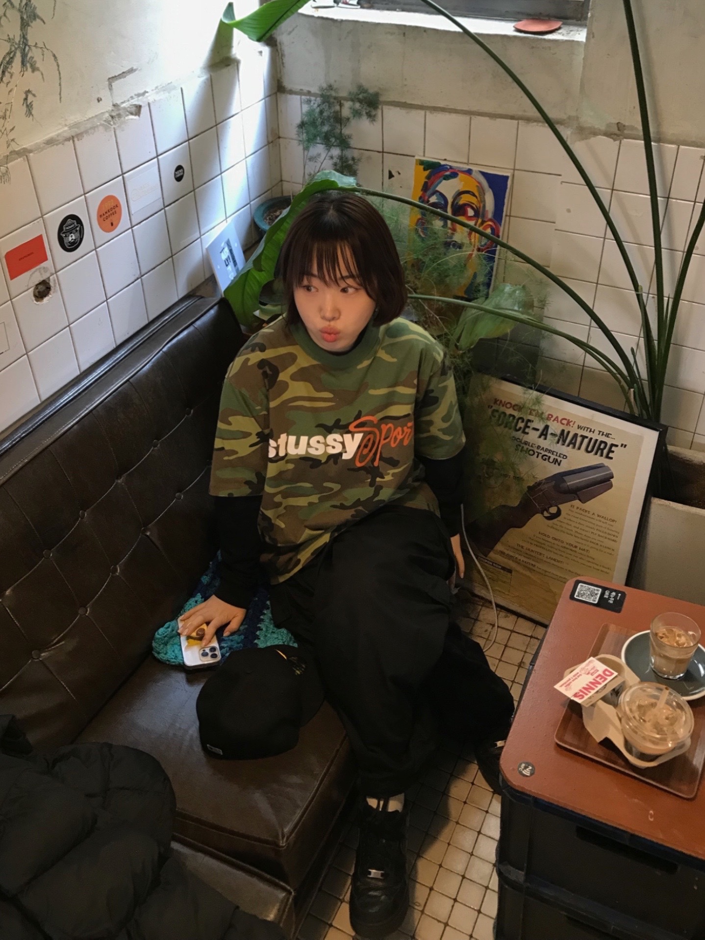 Stussy Sport Script T-Shirt Camo, Needles H.D. BDU Pants Black 착용 스타일