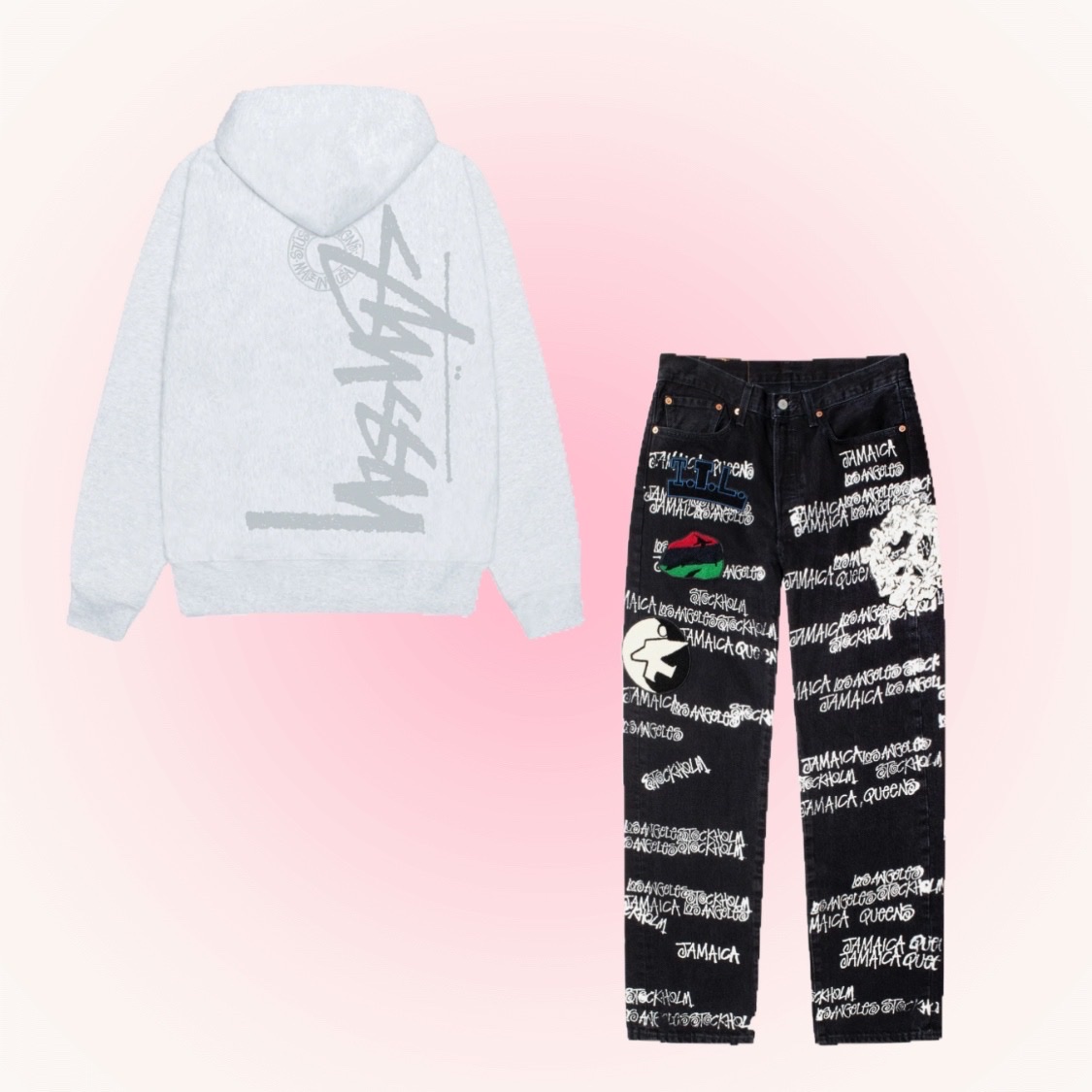 Stussy Buana Stock Zip Hoodie Ash Heather, Stussy x Our Legacy x Denim Tears TTL 501 Jean Black 착용 스타일