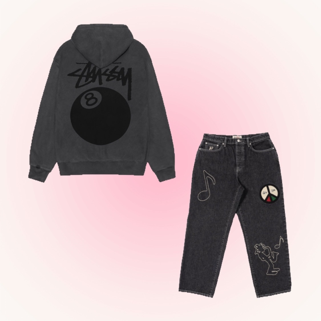 Stussy 8 Ball Pigment Dyed Zip Hoodie Black, Stussy x Patta Big OL' Jean Black 착용 스타일