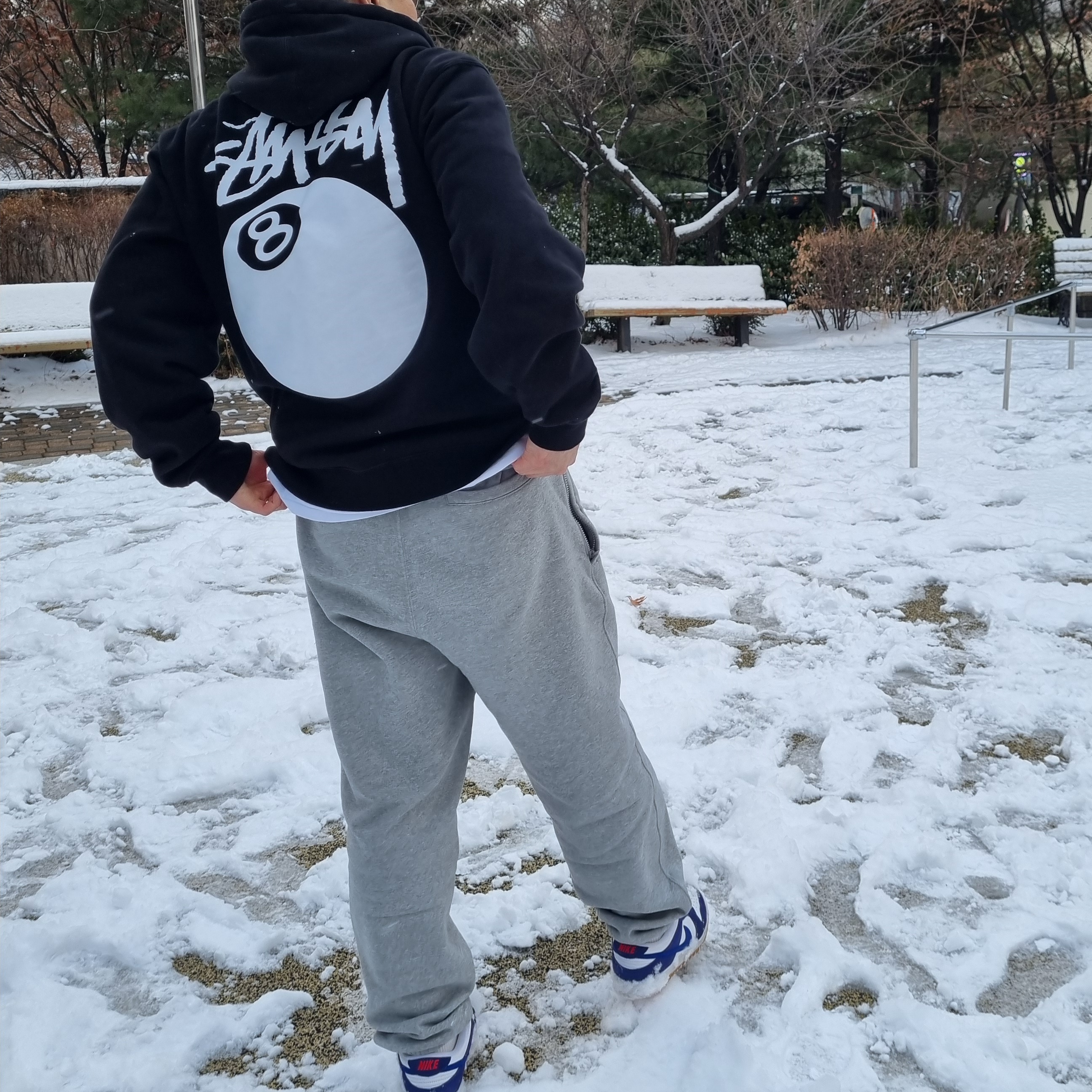 Stussy 8 Ball Hoodie Navy - 21SS, Nike x Stussy NRG ZR Fleece Pants Heather Grey - US/EU 착용 스타일