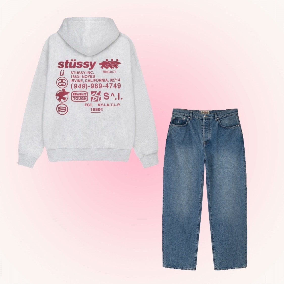 Stussy DNA Zip Hoodie Ash Heather, Stussy Denim Big OL' Jean Washed Blue 착용 스타일