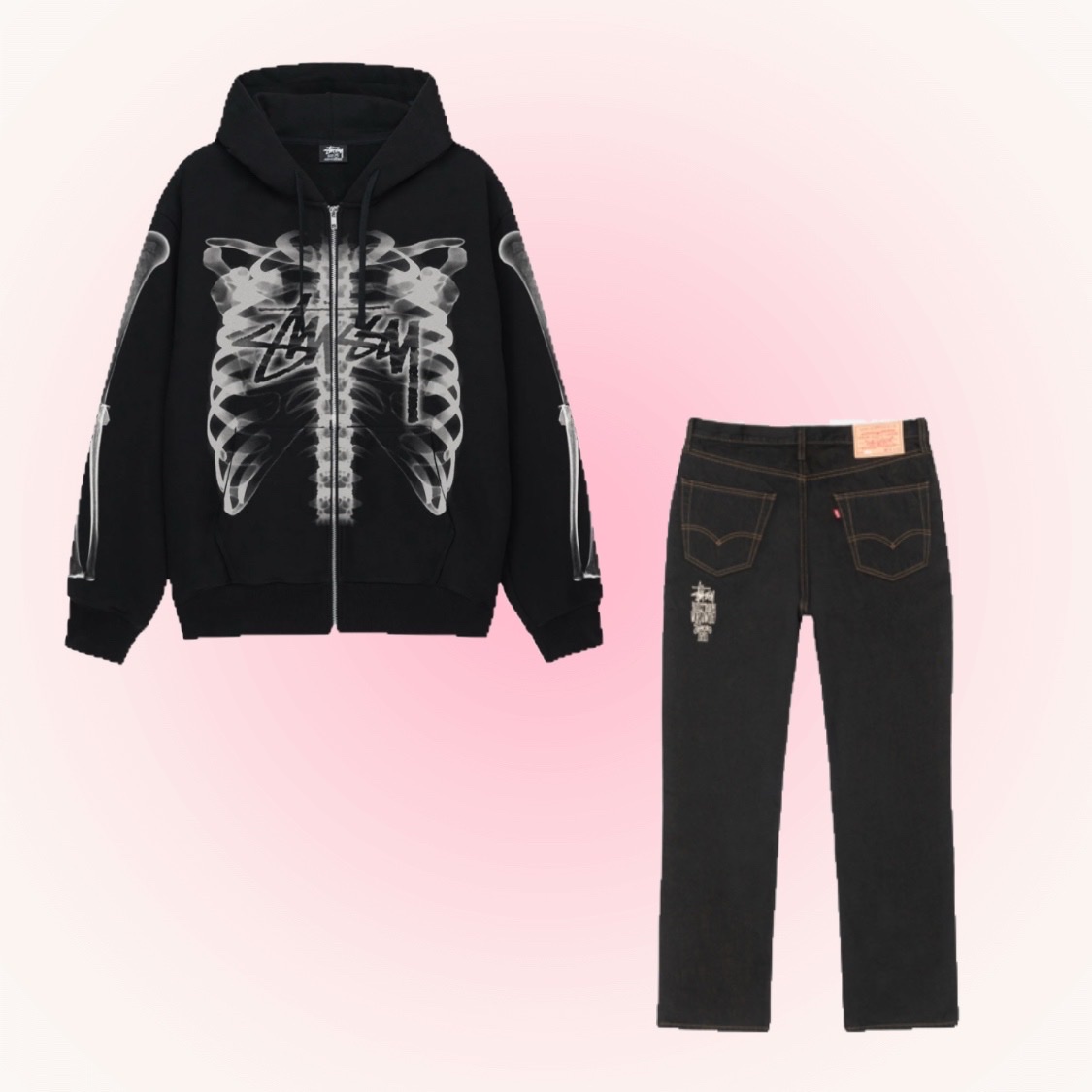 Stussy Rib Cage Zip Hoodie Black White, Stussy x Levi's Crispy Rinse 568 Jean Black 착용 스타일