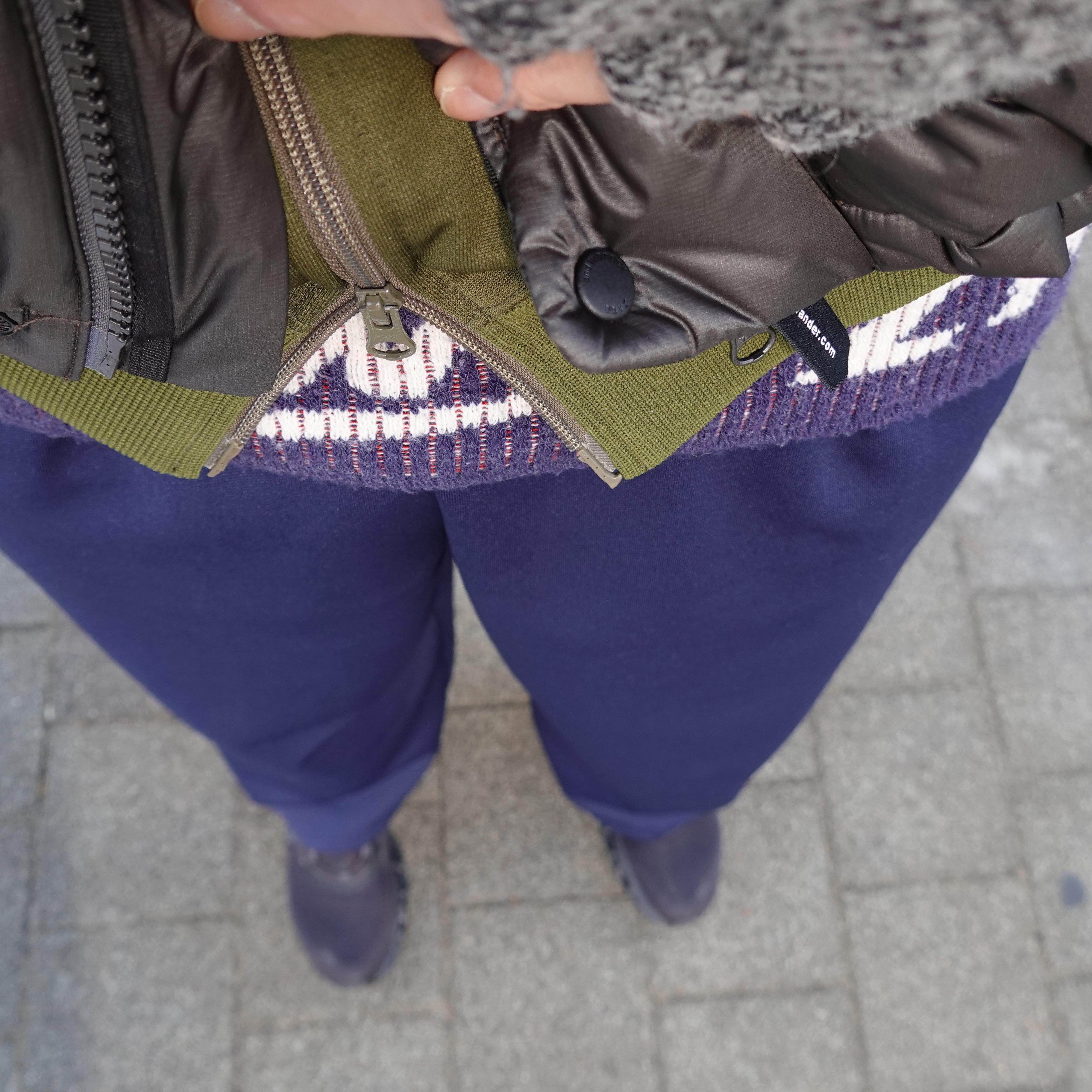 Needles Track Jacket Poly Smooth Olive, Kapital 7G Wool Blend Kountry Pattern Haramaki Multi-Roll Navy 착용 스타일 - 1