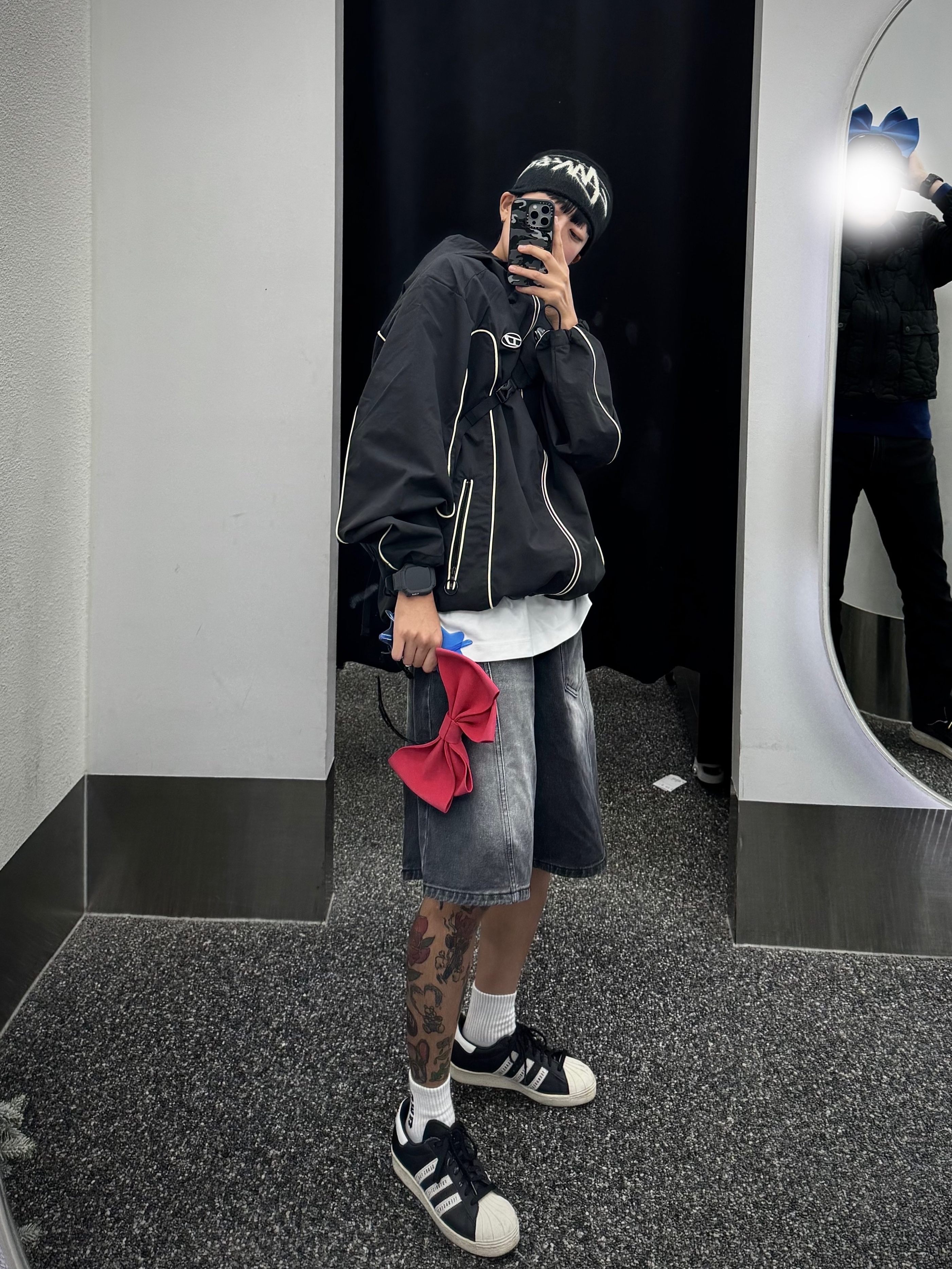 Adidas x Human Made Superstar Black White, Diesel J-Hives Windbreaker with Contrast Piping Black 착용 스타일