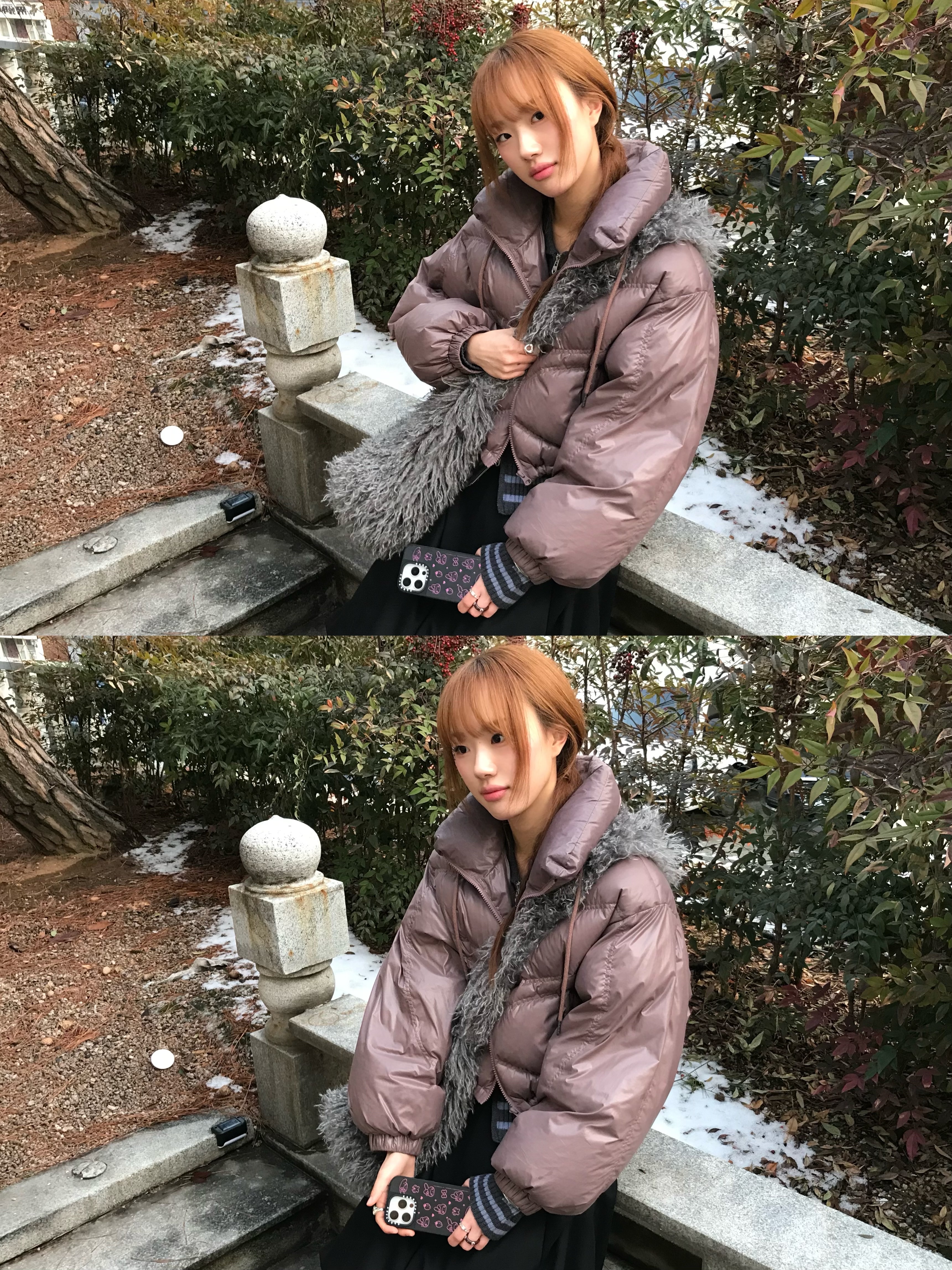 (W) Nike Shox R4 Barely Rose Metallic Platinum, (W) Mischief Alien Down Jacket Rose Brown 착용 스타일 - 6