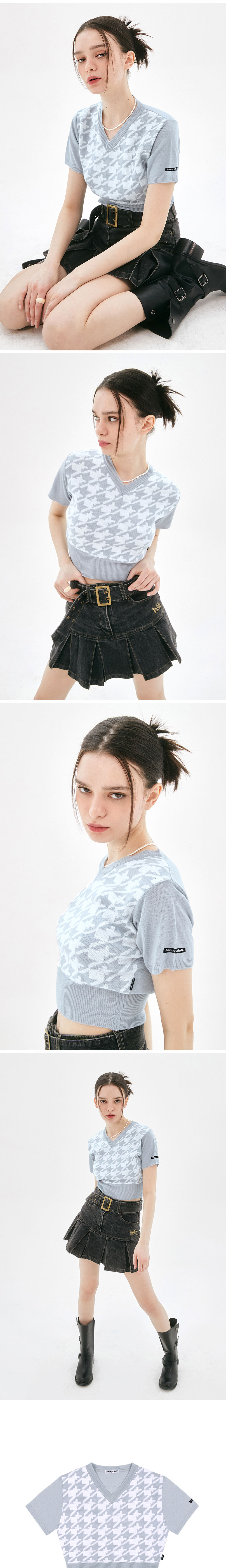 [NASTY FANCY CLUB] HOUND TOOTH CHECK CROP KNIT TEE 全2色 FANCY CLUB | HOUND TOOTH CHECK CROP KNIT TEE - 시크한 스타일