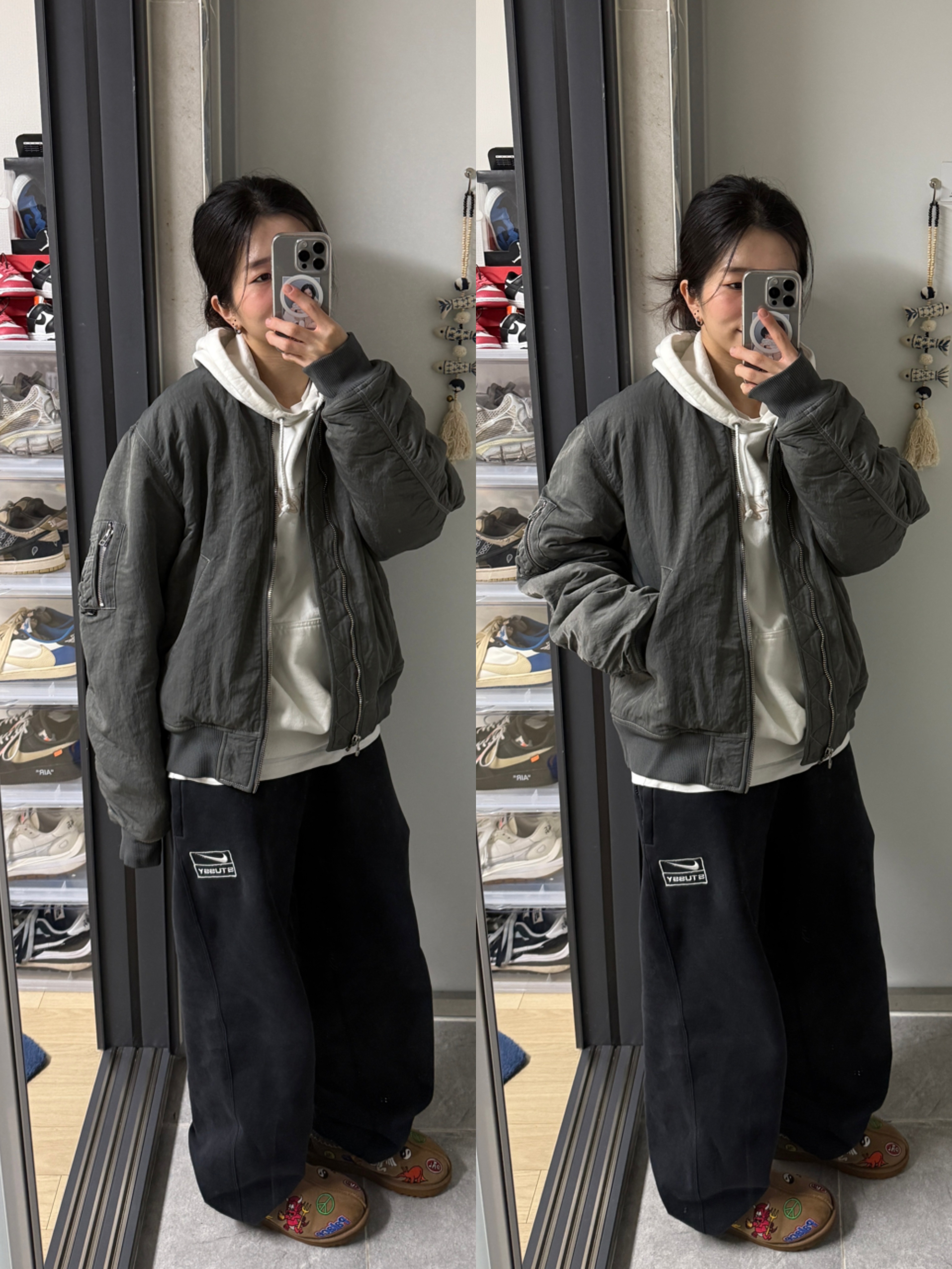 UGG x Palace Tasman Slipper Chestnut, Stussy Dyed Nylon Bomber Charcoal 착용 스타일