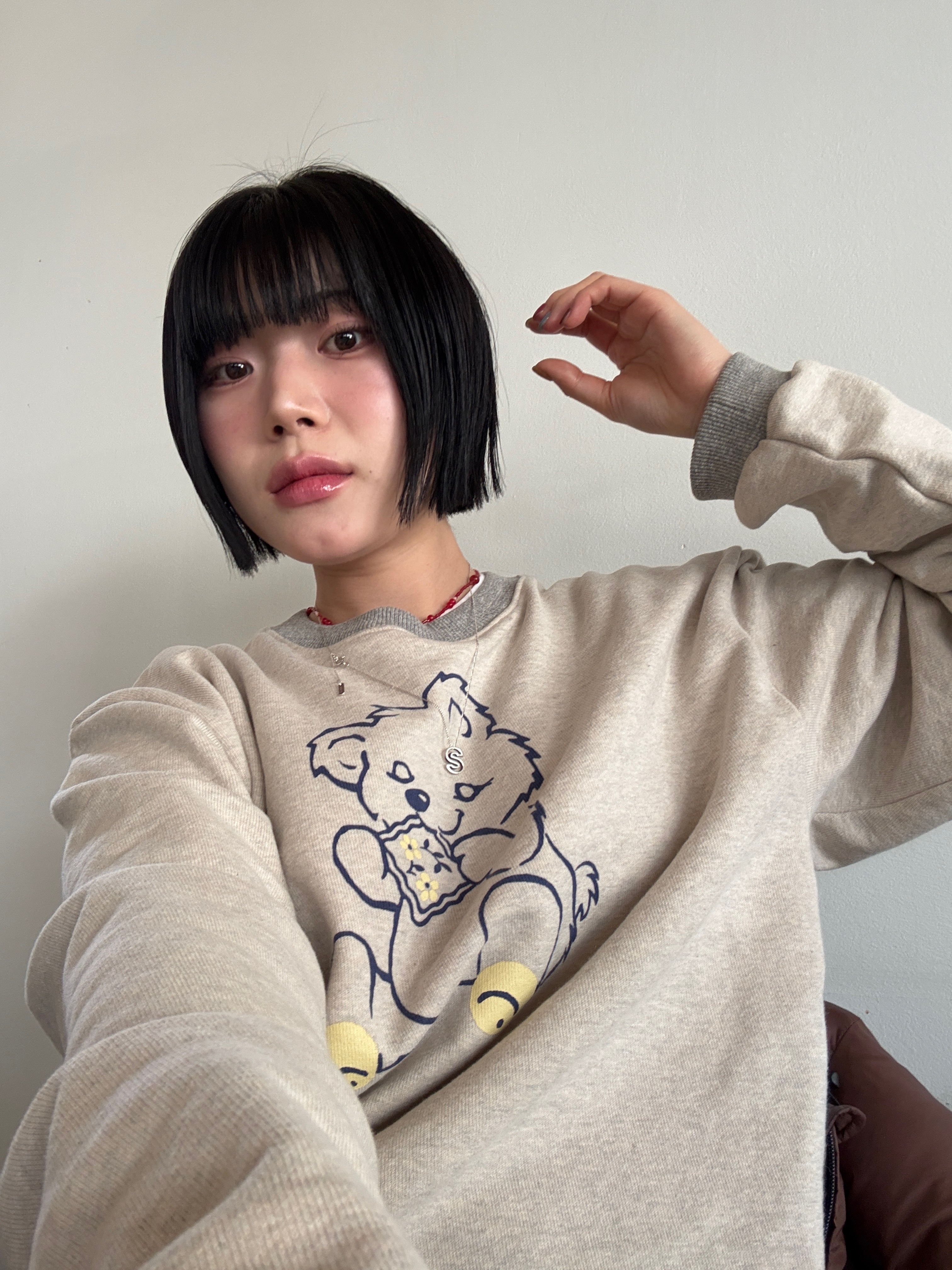 Kapital Top Fleece Crew Sweatshirt Peckish Little Bear Patch Kinari Gray 착용 스타일