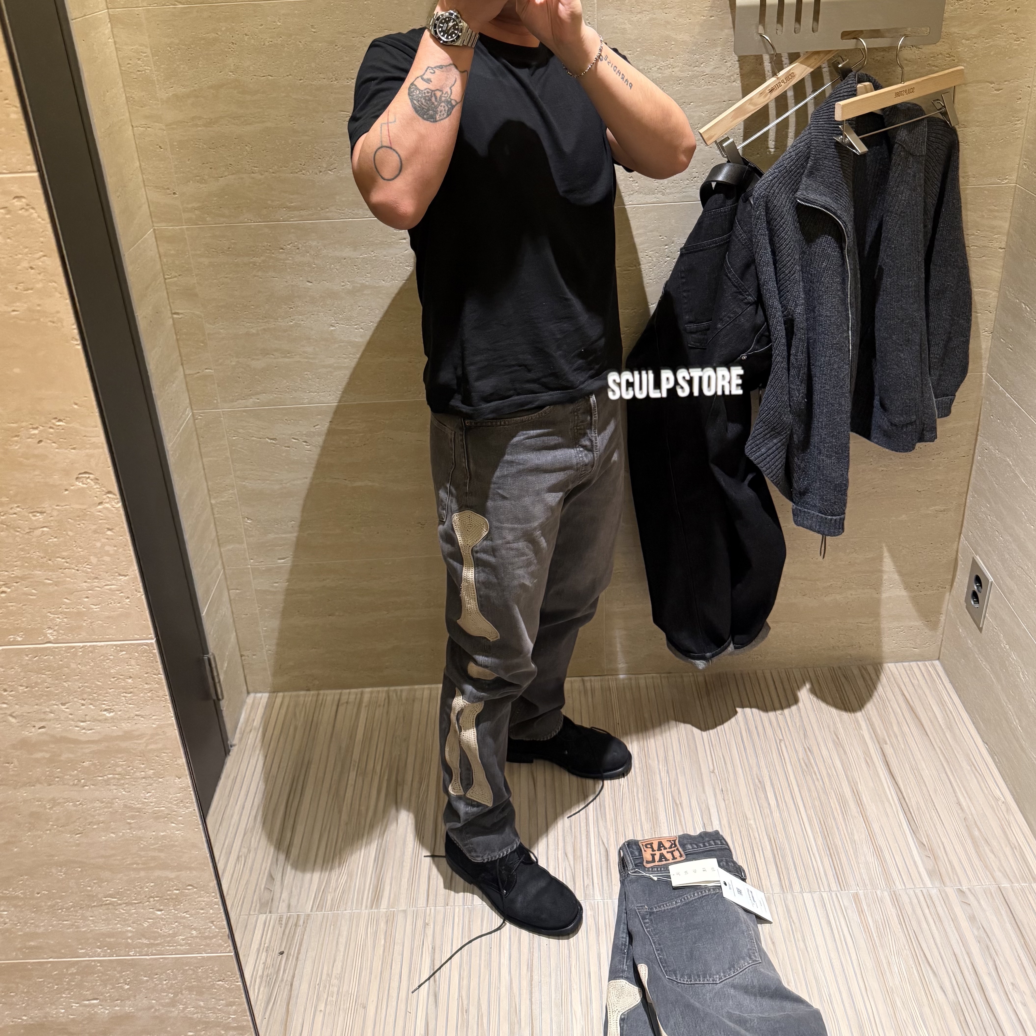 Kapital 14 oz. Denim Mexican Tuxedo 5P Okagilly Pants Black, Hansroom Chrome Hearts Tiny  E-CH Plus Bracelet 착용 스타일