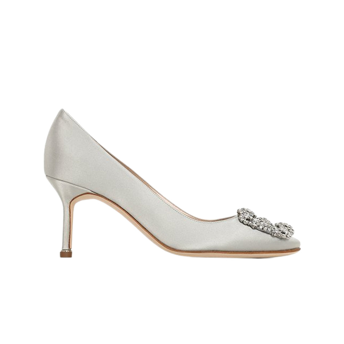 9XX-0316-0102 (W) Manolo Blahnik Hangisi 70 Grey Satin Jewel Buckle Pumps