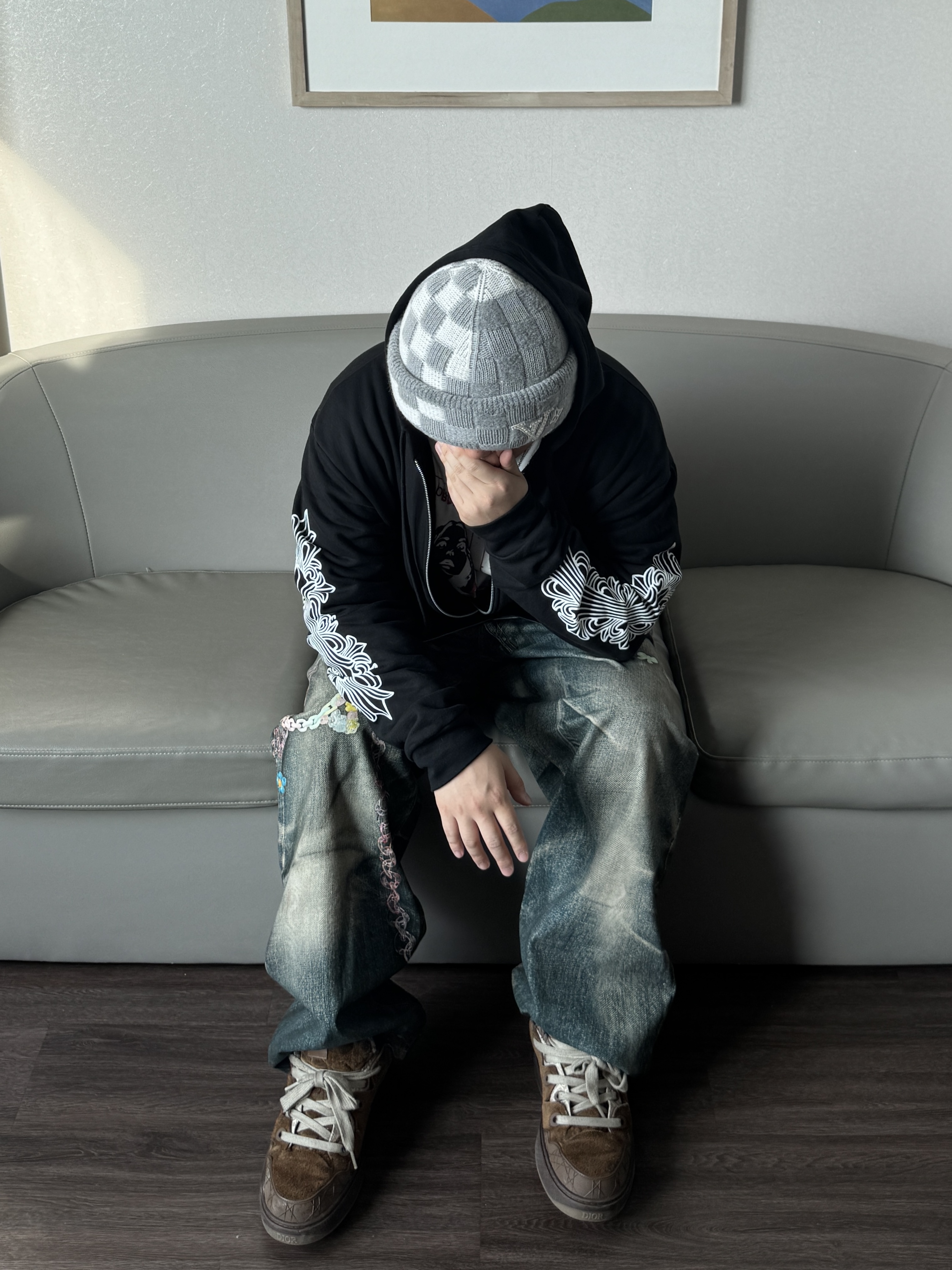 Chrome Hearts Horseshoe Floral Fleece Zip-Up Hoodie Black 착용 스타일