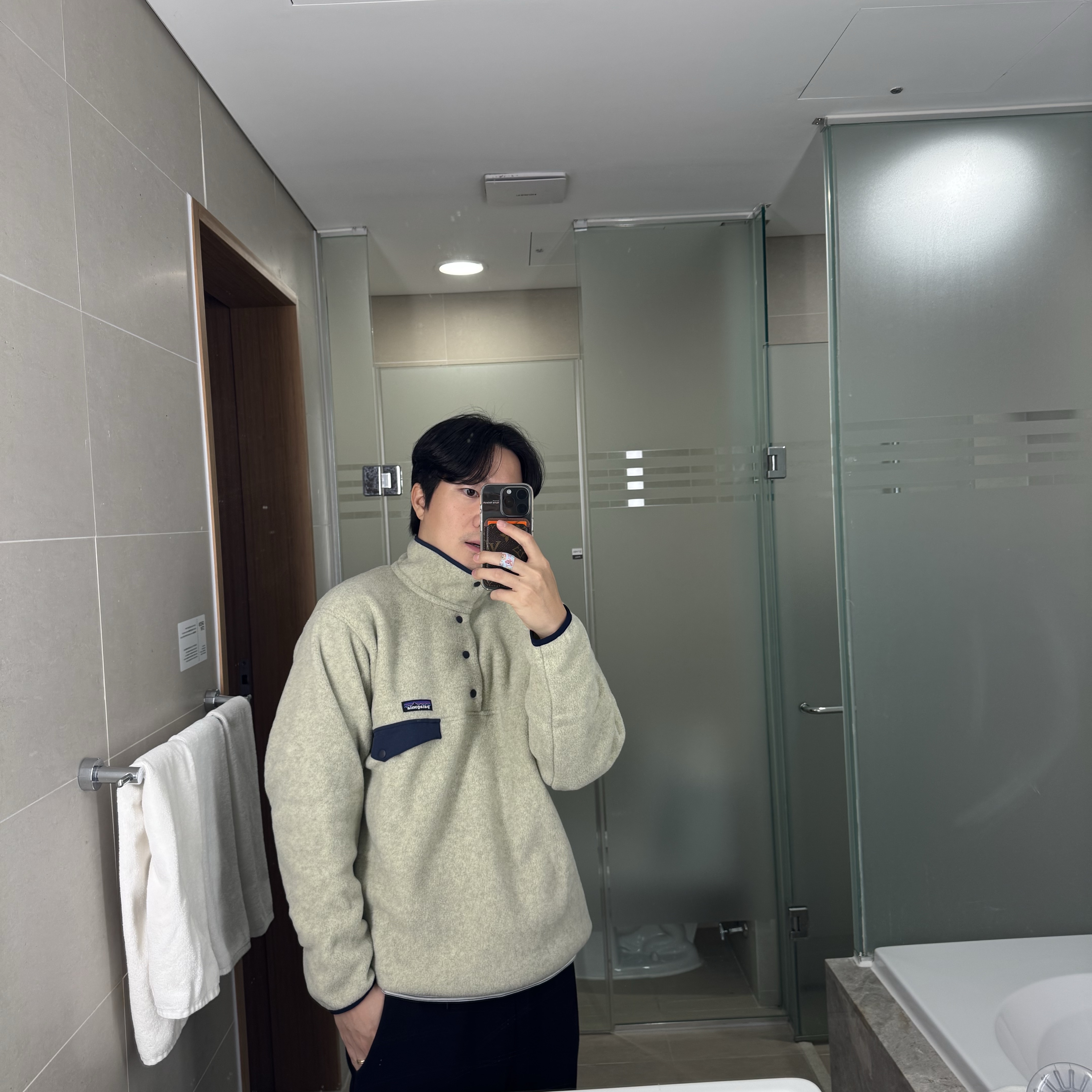 Patagonia Synchilla Snap-T Fleece Pullover Oatmeal Heather 착용 스타일 - 1