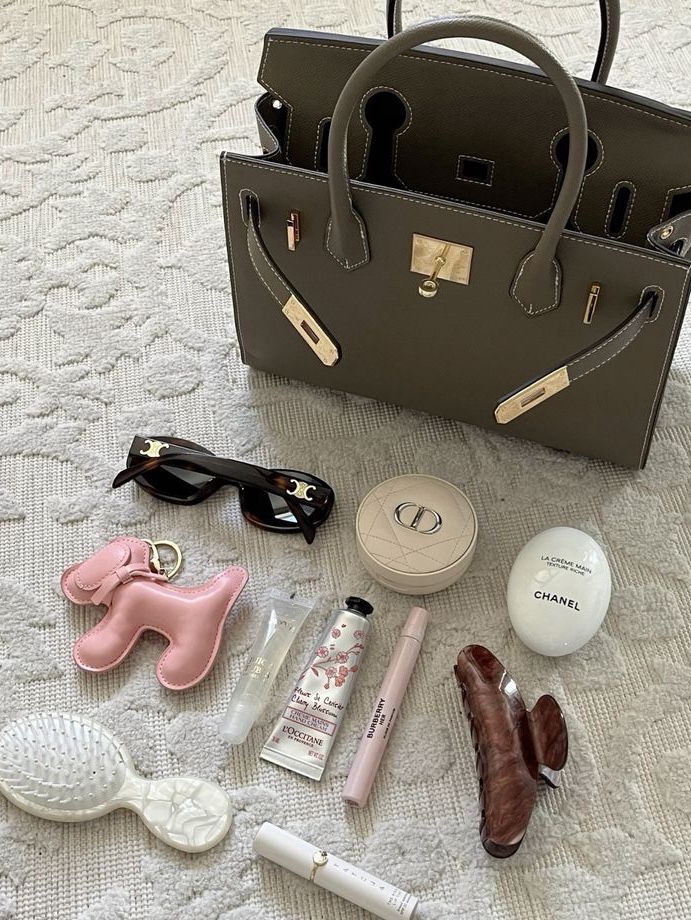 Hermes Birkin 25 Bag Sellier Epsom & Gold Etoupe, (W) Celine Triomphe 01 Sunglasses in Acetate Blonde Havana 착용 스타일 - 1