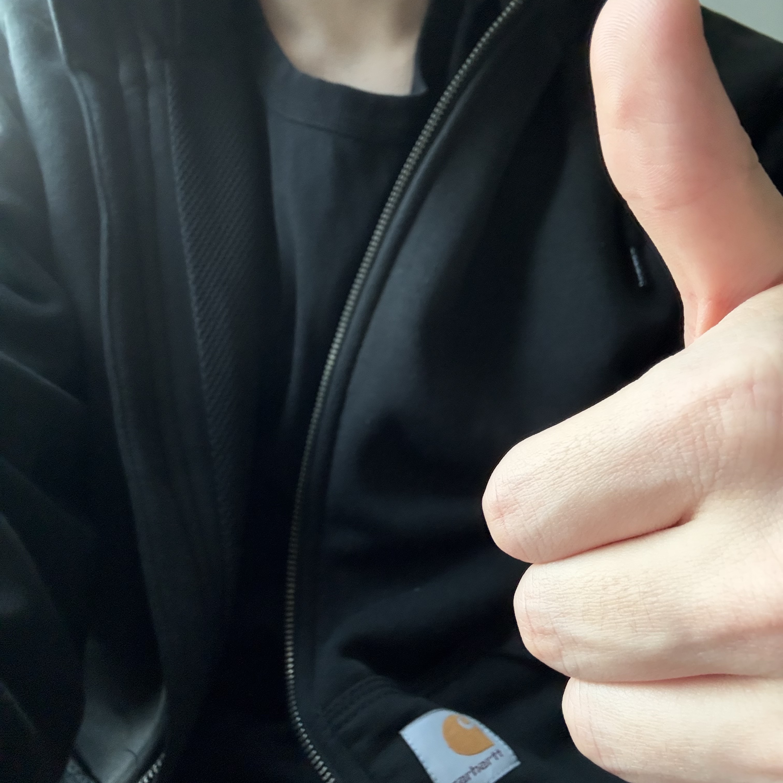 Carhartt Rain Defender Loose Fit Midweight Thermal-Lined Full-Zip Regular Sweatshirt Black, Maison Kitsune Fox Head Patch Regular T-Shirt Black 착용 스타일