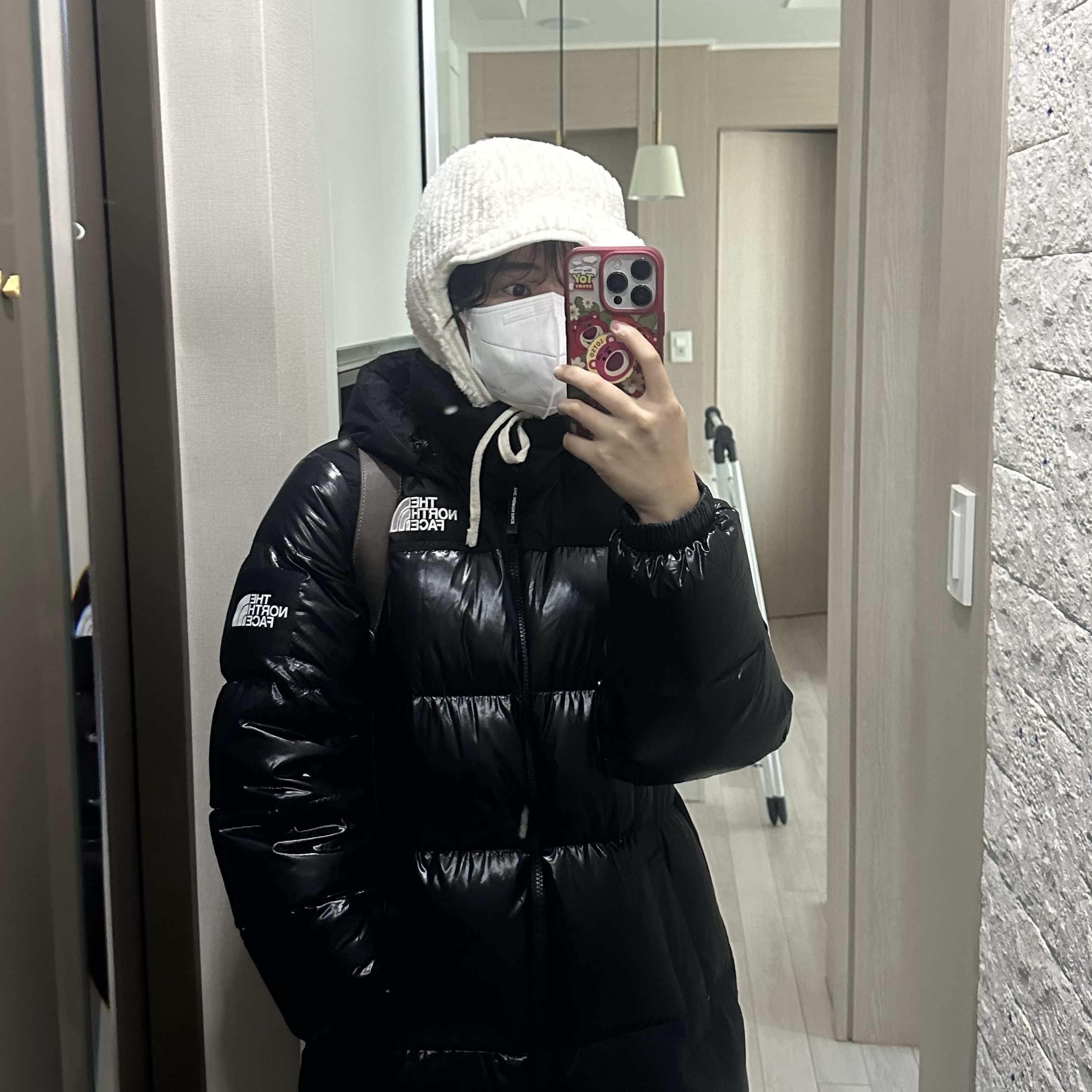 Belkin x DISNEY Lotso iPhone 14 Series MagSafe Magnetic Case, The North Face White Label Go Free Down Coat Black 착용 스타일