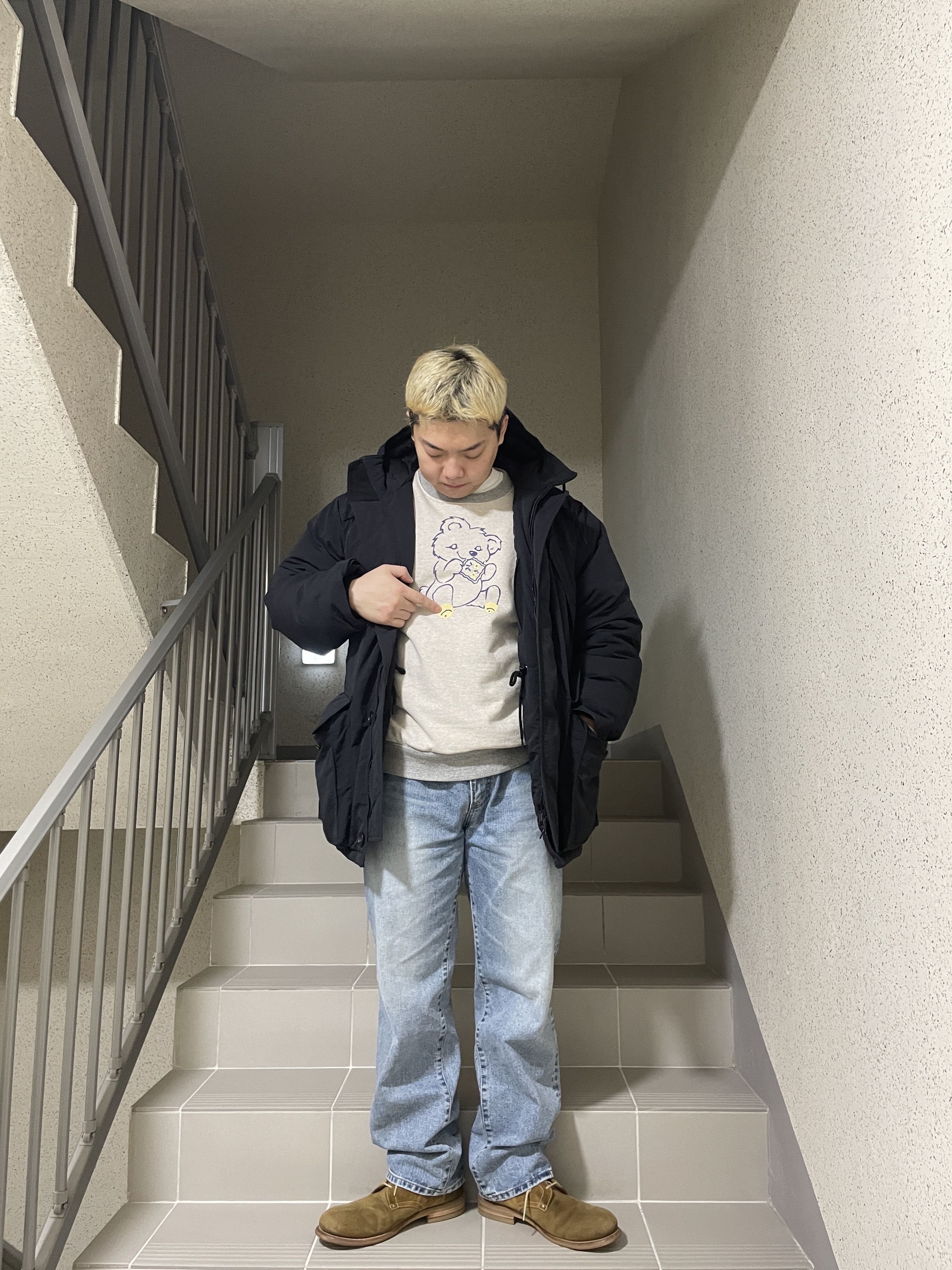 Kapital Top Fleece Crew Sweatshirt Peckish Little Bear Patch Kinari Gray 착용 스타일 - 4