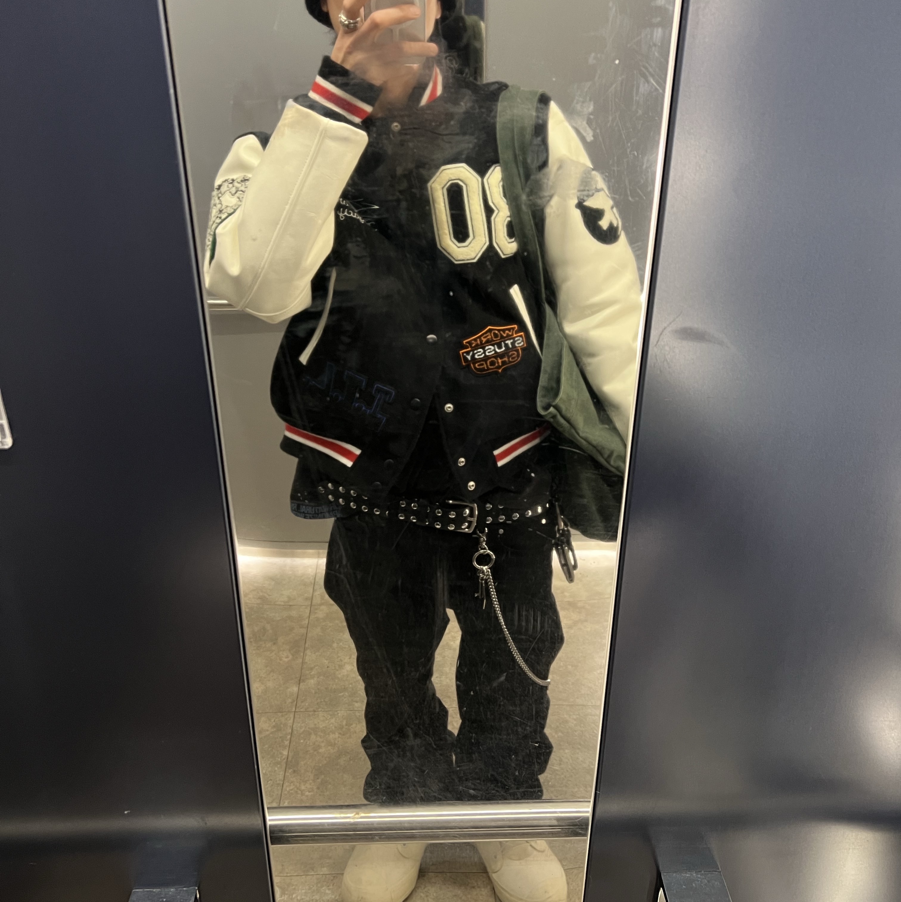 Stussy x Our Legacy x Denim Tears TTL Varsity Jacket Black, Nonnod Flared Pants Black 착용 스타일