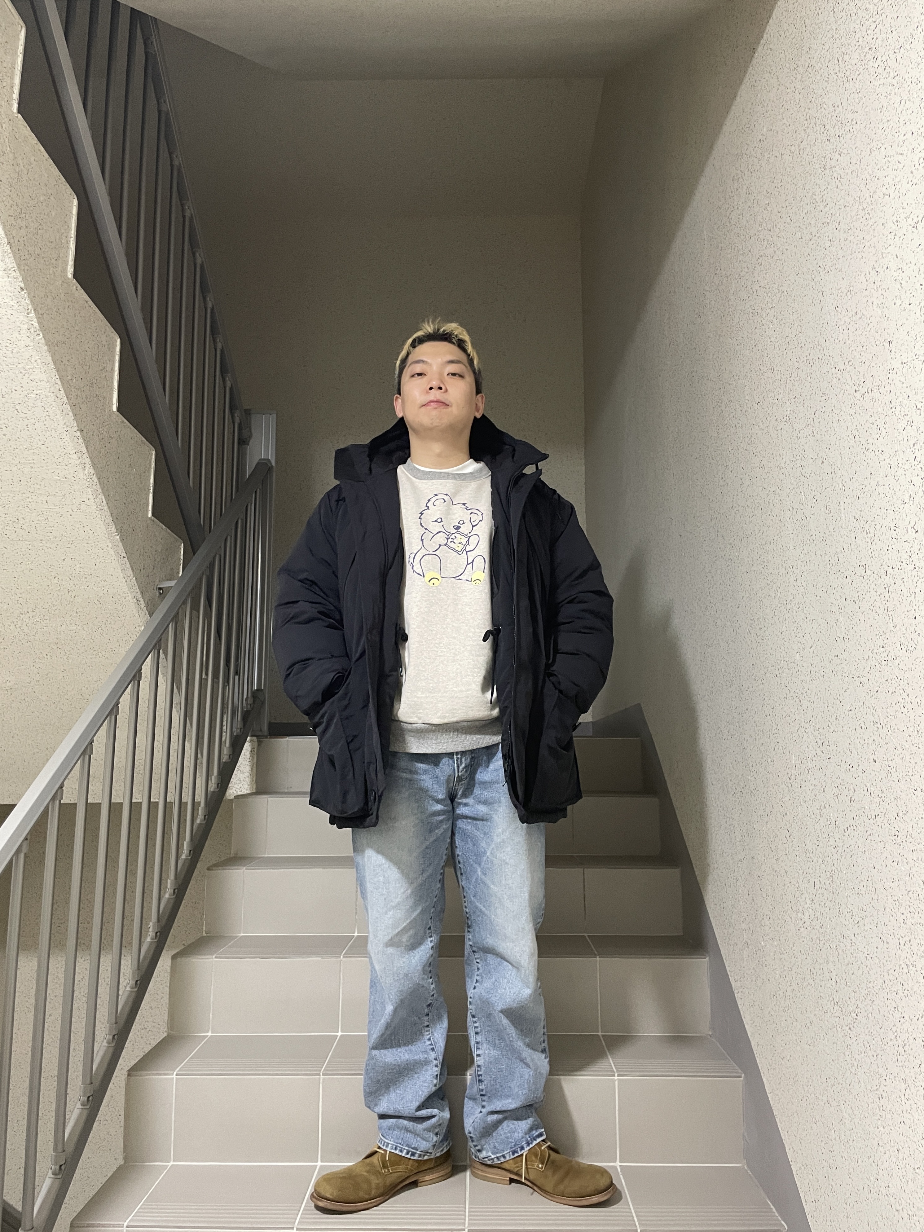 Kapital Top Fleece Crew Sweatshirt Peckish Little Bear Patch Kinari Gray 착용 스타일 - 6