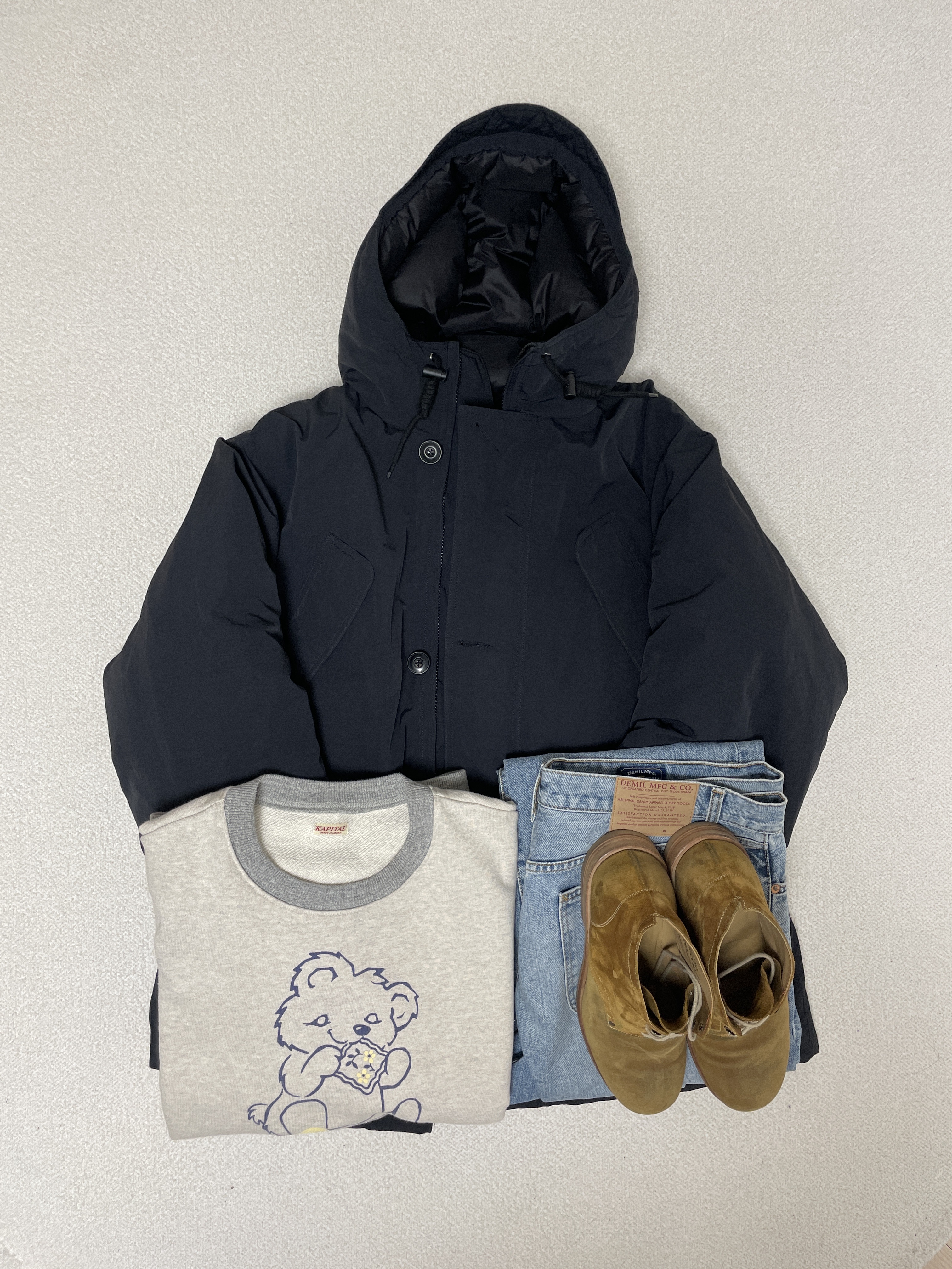Kapital Top Fleece Crew Sweatshirt Peckish Little Bear Patch Kinari Gray 착용 스타일 - 1