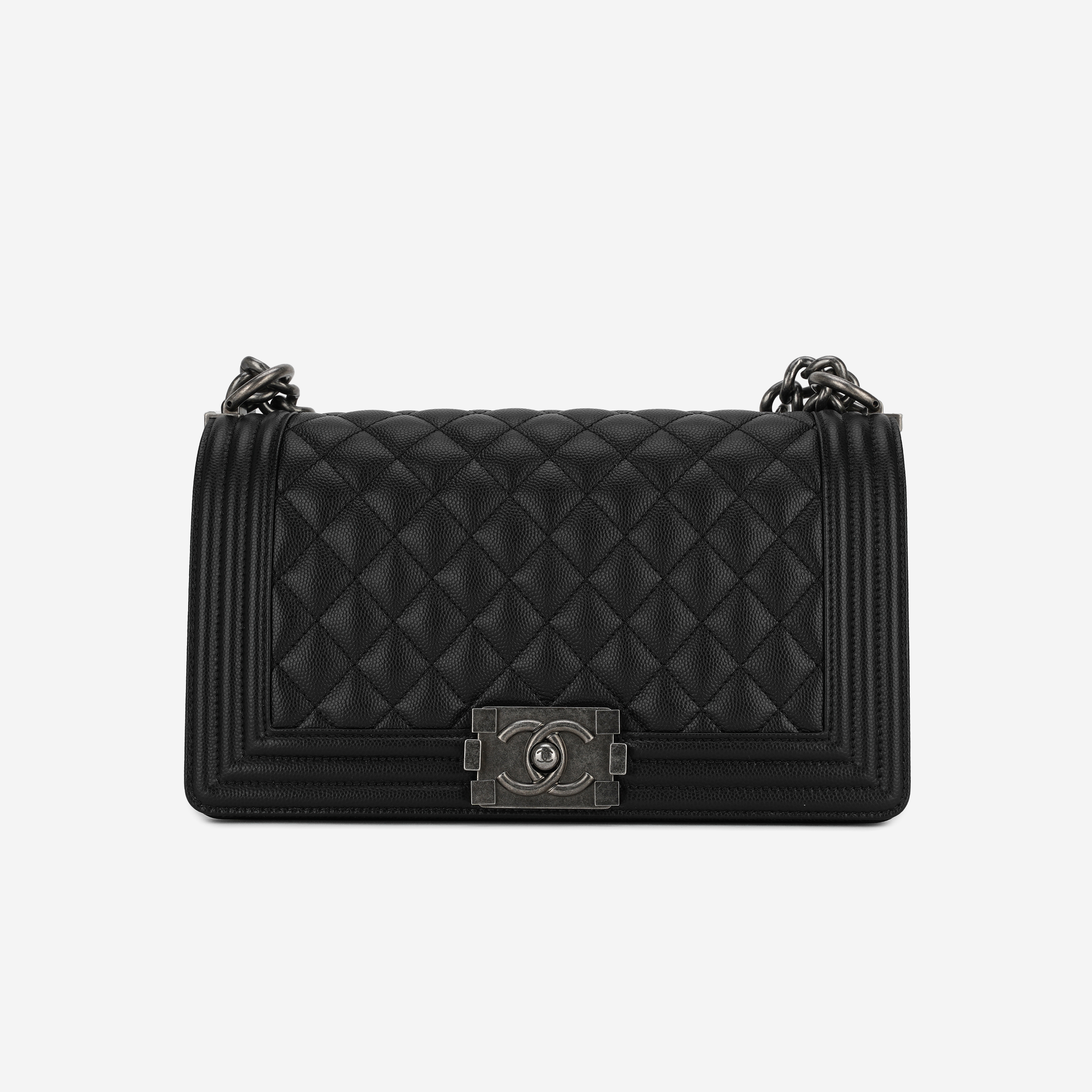 Chanel Medium Boy Chanel Handbag Grained Calfskin & Ruthenium Black