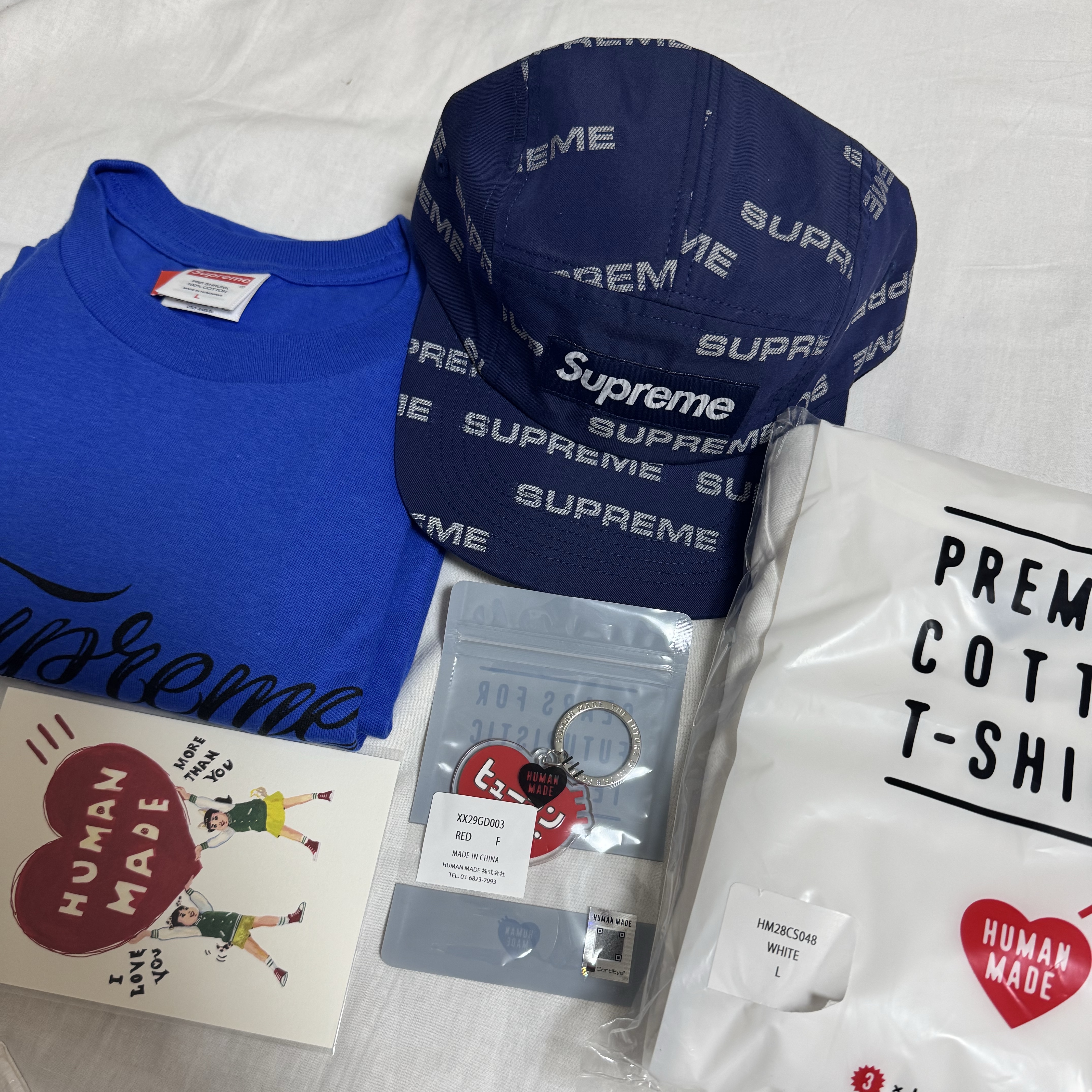 Human Made Keiko Sootome Heart Keyring Red, Supreme Reflective Jacquard Camp Cap Navy - 24FW 착용 스타일