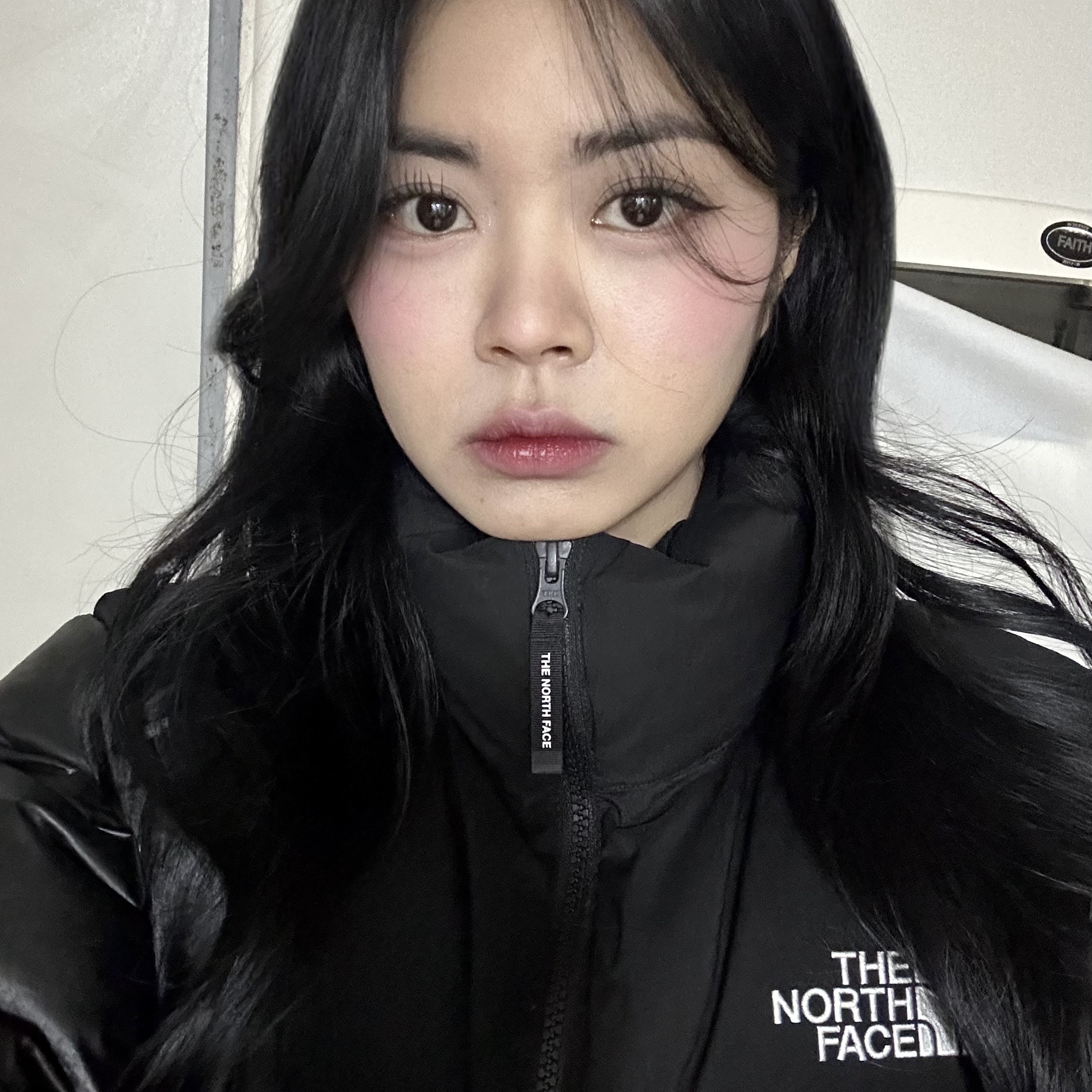(W) The North Face White Label Novelty Nuptse Down Jacket Black 착용 스타일 - 1