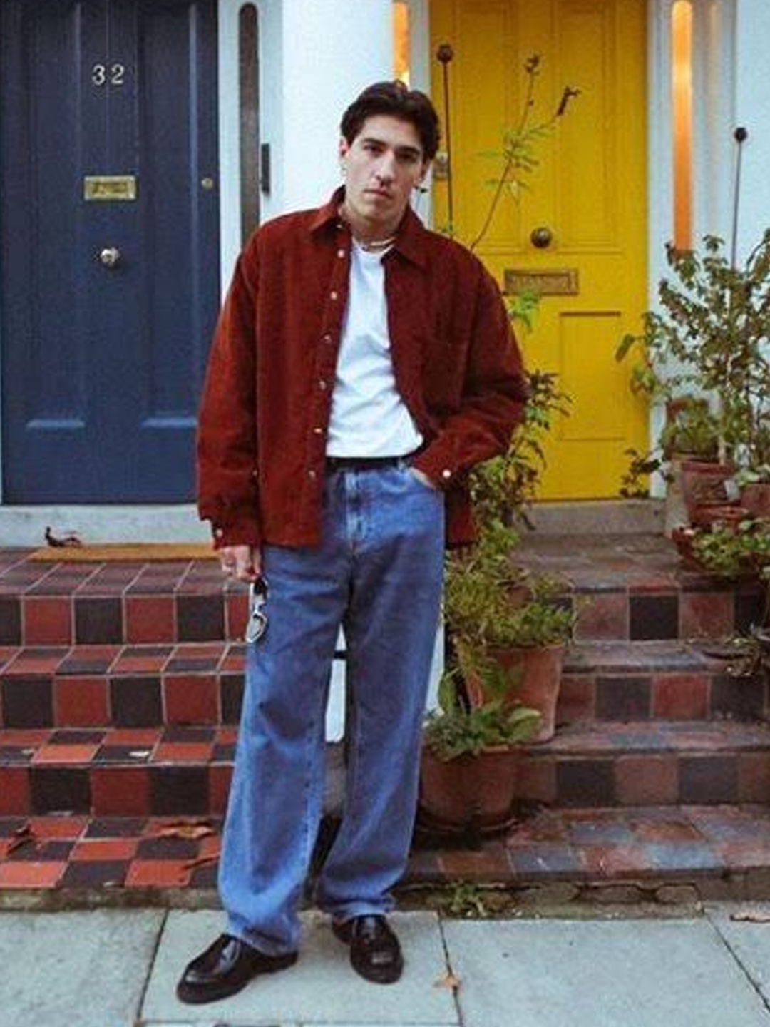 Supreme Faux Shearling Lined Work Shirt Red Denim - 24FW, Human Made Dachs Corduroy Work Jacket Beige 착용 스타일 - 2