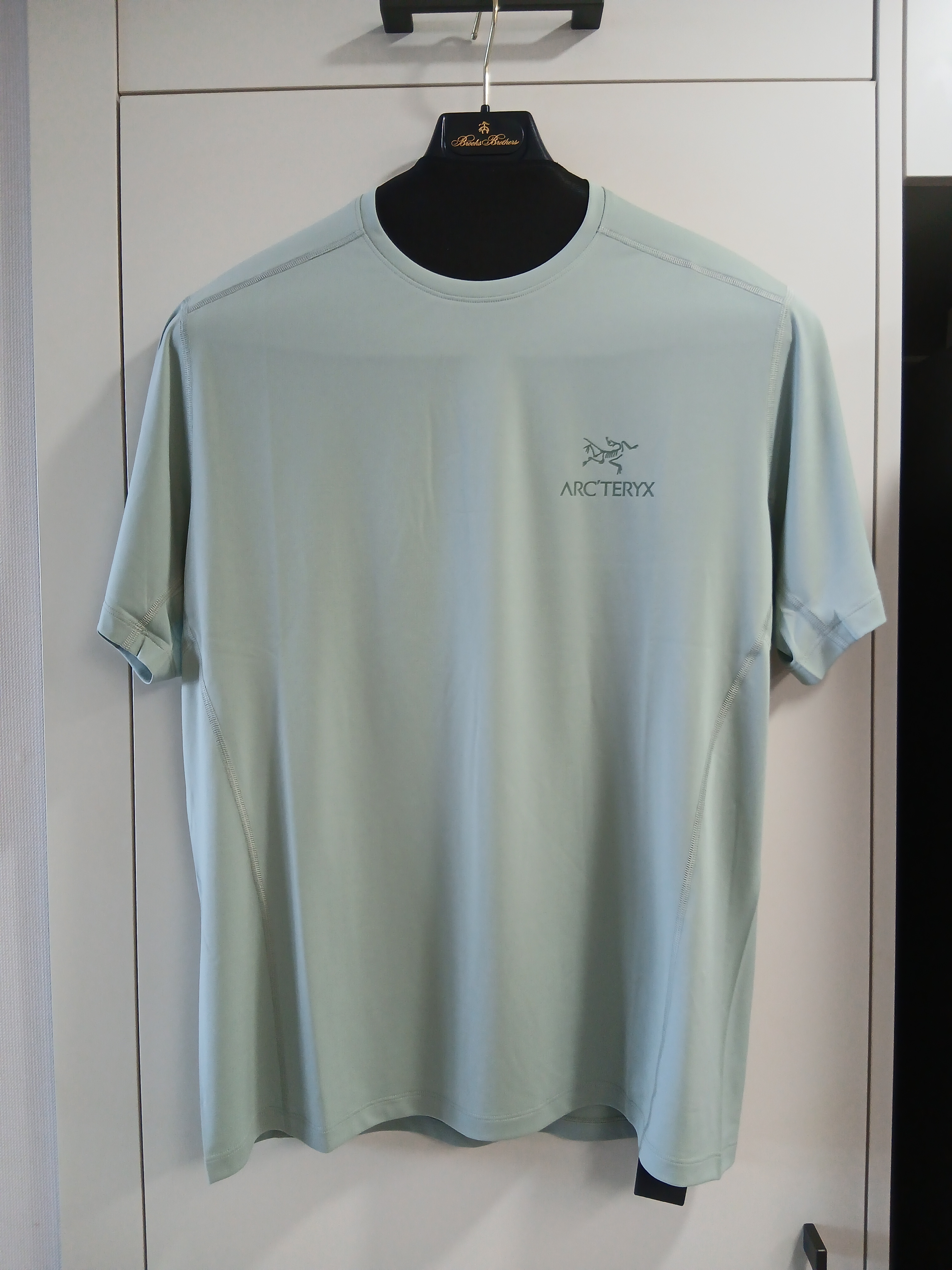 Arc'teryx Motus Arcword Crew SS T-Shirt Stone Green Heather 착용 스타일 - 1