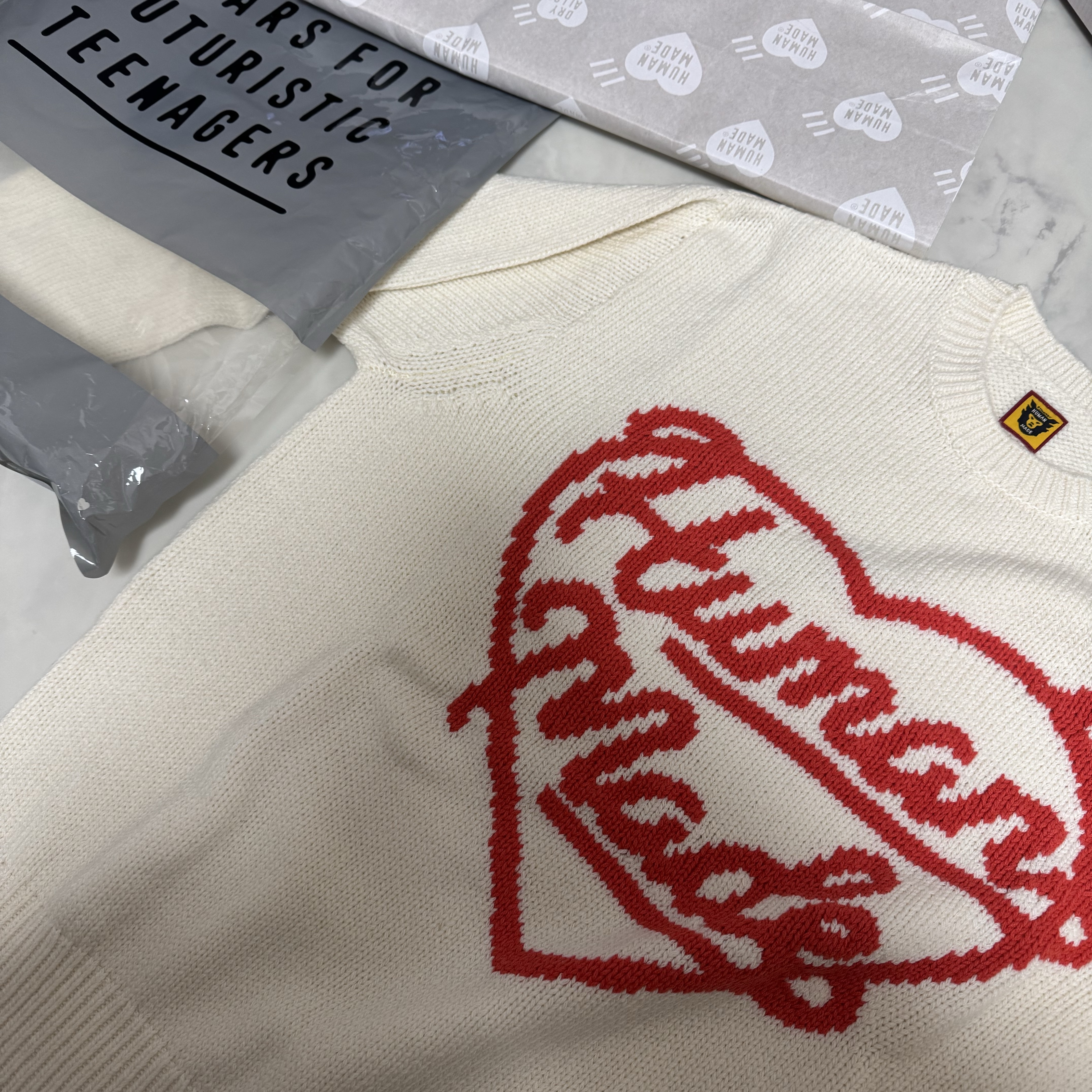 Human Made Low Gauge Knit Sweater White 착용 스타일