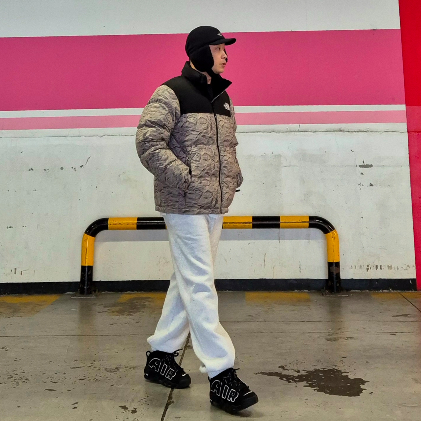 Nike x Ambush Air More Uptempo Low Black and White, The North Face Fleece Earmuff Cap EX Black 착용 스타일 - 2