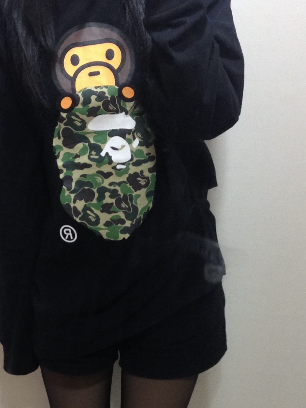 BAPE ABC Camo Milo on Ape Head L/S T-Shirt Black Green 착용 스타일