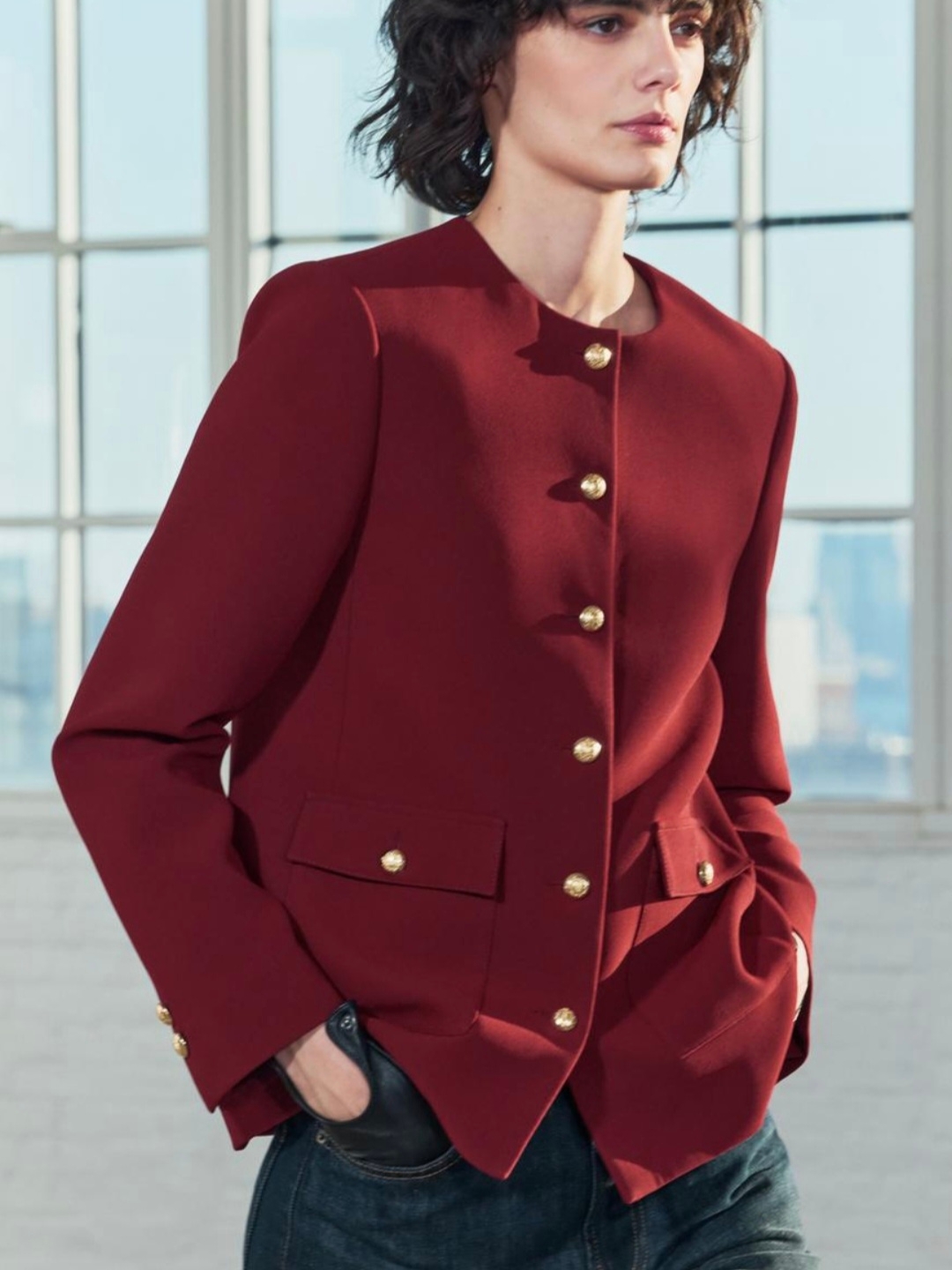 (W) Zara ZW Collection Button Blazer Burgundy 착용 스타일