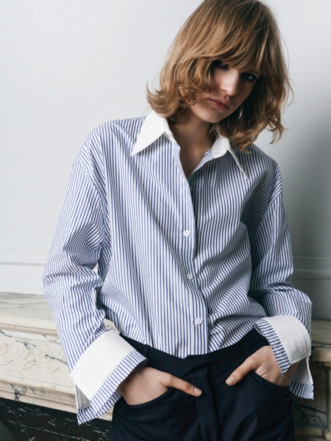 (W) Zara ZW Collection Striped Shirt Navy 착용 스타일