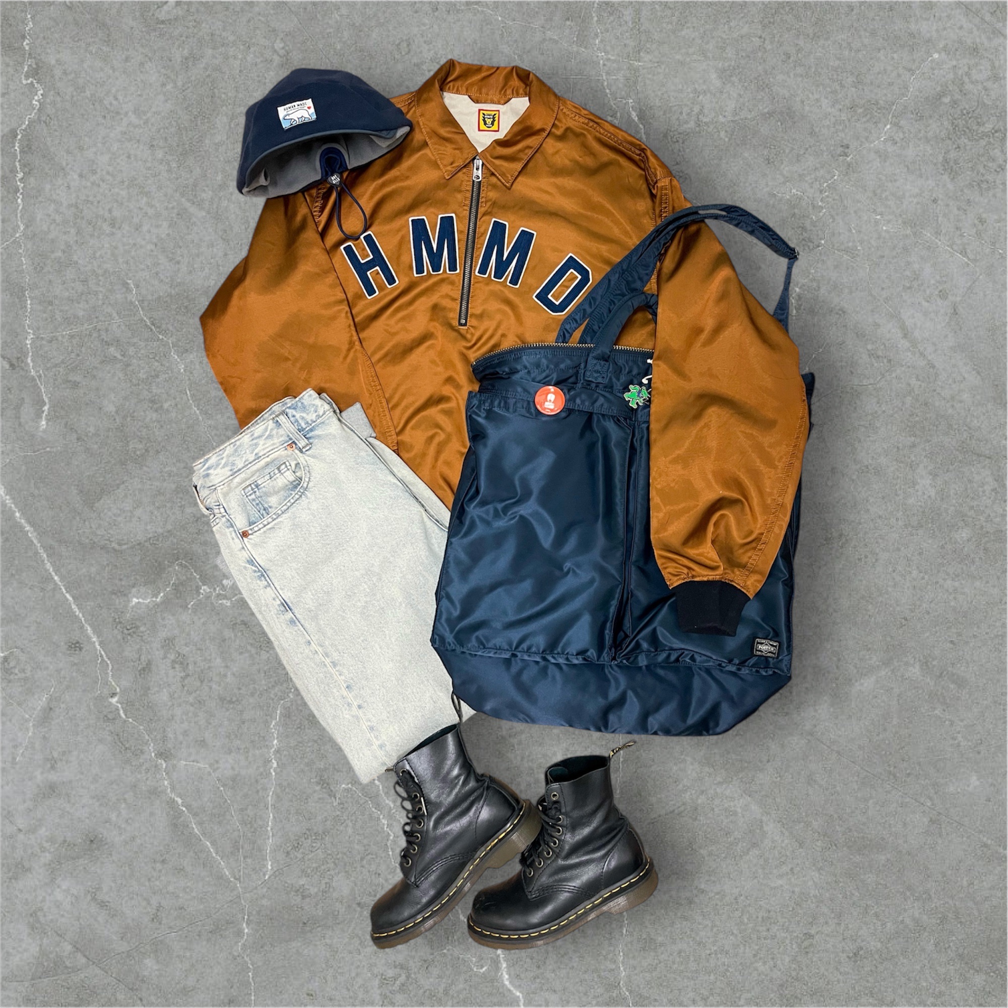 Human Made Fleece Cap Navy, Human Made Half-Zip Pullover Orange 착용 스타일