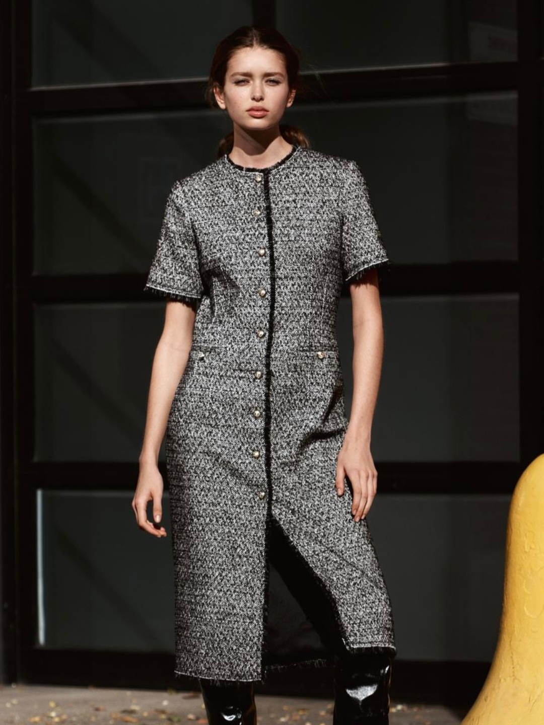 (W) Zara ZW Collection Structure Midi Dress Grey Natural 착용 스타일