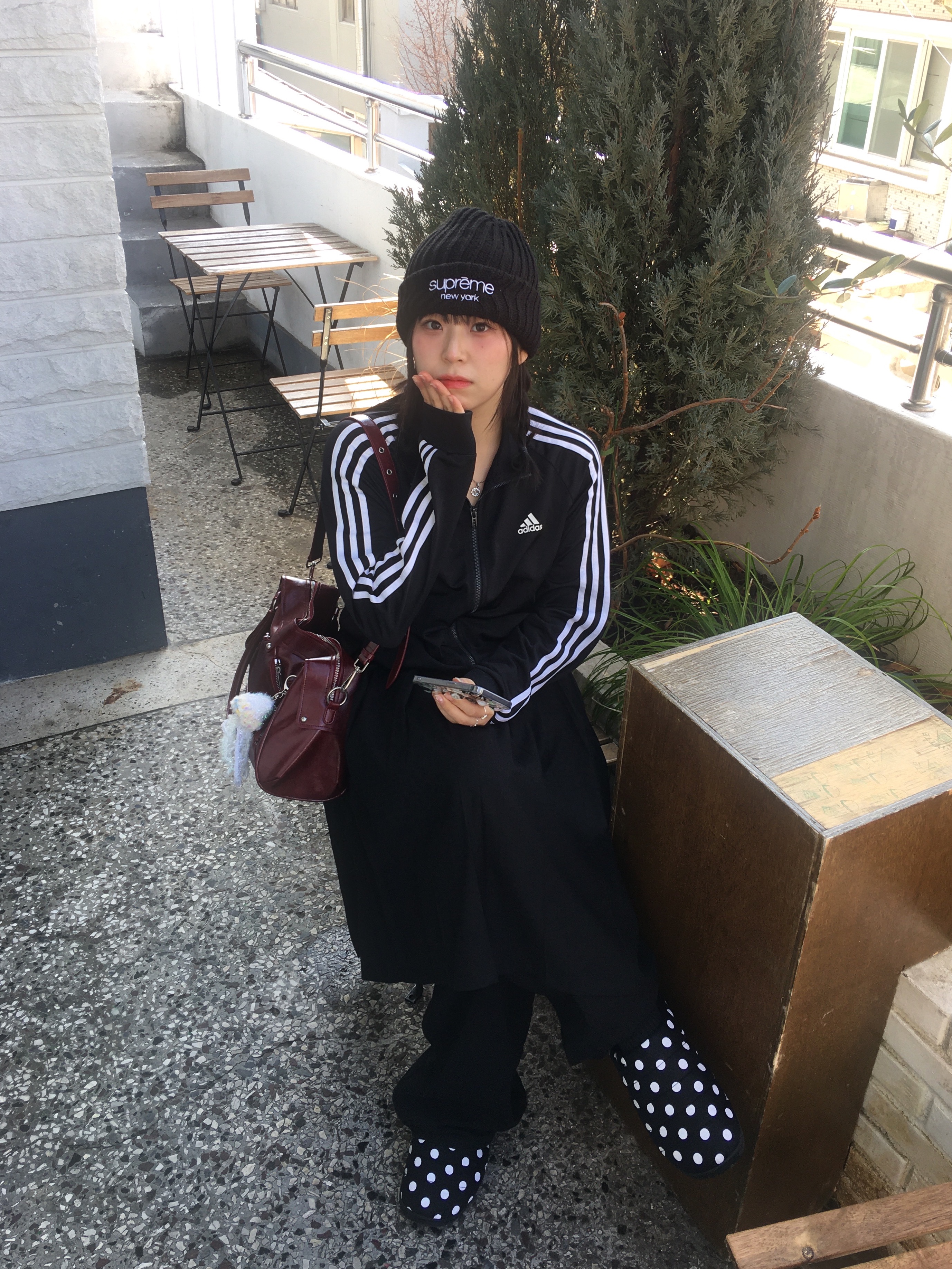 Adidas Adicolor Classic Beckenbauer Track Top Black - KR Sizing, Supreme Classic Logo Chunky Ribbed Beanie Black - 24FW 착용 스타일 - 2