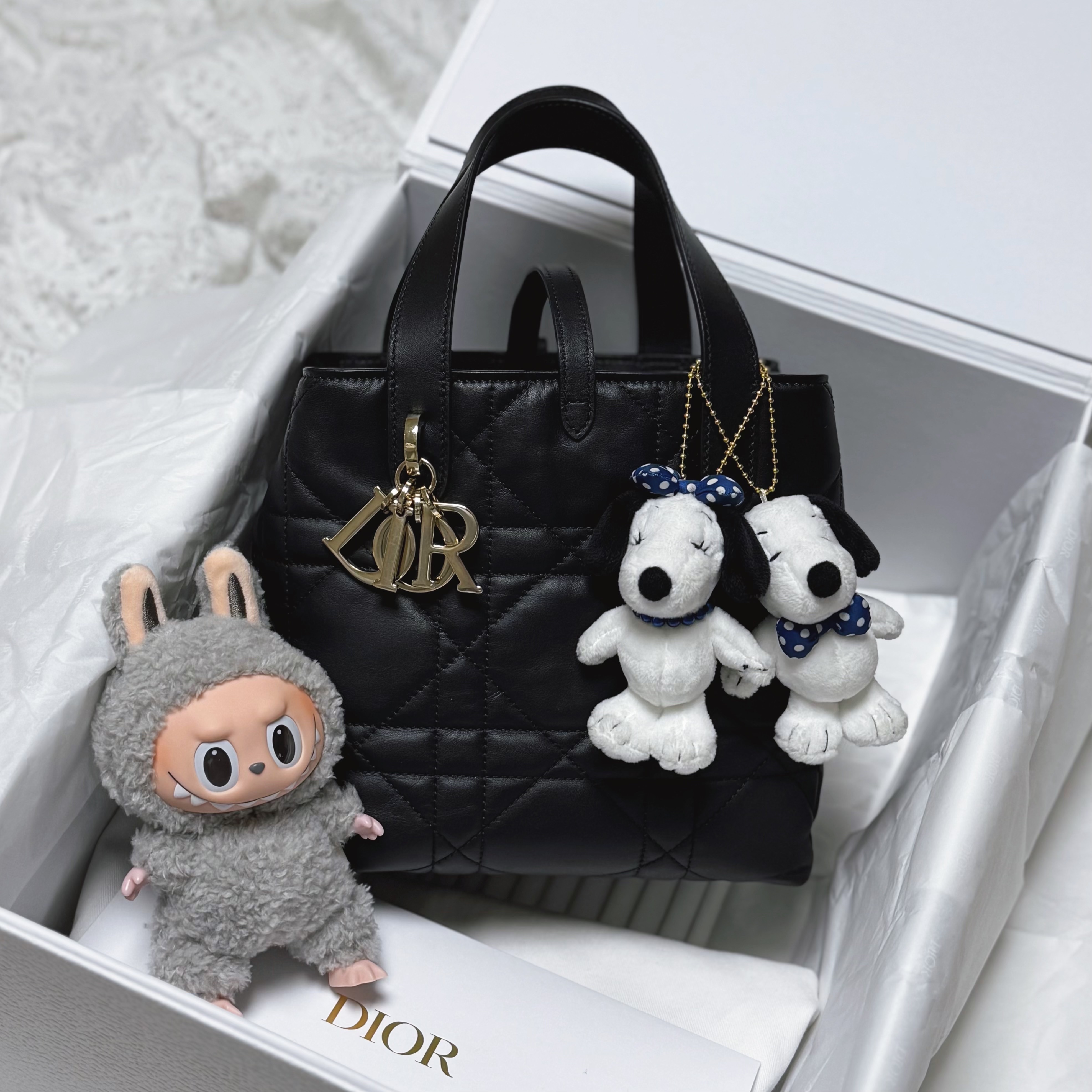Dior Small Toujours Vertical Tote Bag Macrocannage Calfskin Black, Pop Mart The Monsters Labubu Tasty Macarons Series Sealed Case (6 Blind Boxes) 착용 스타일