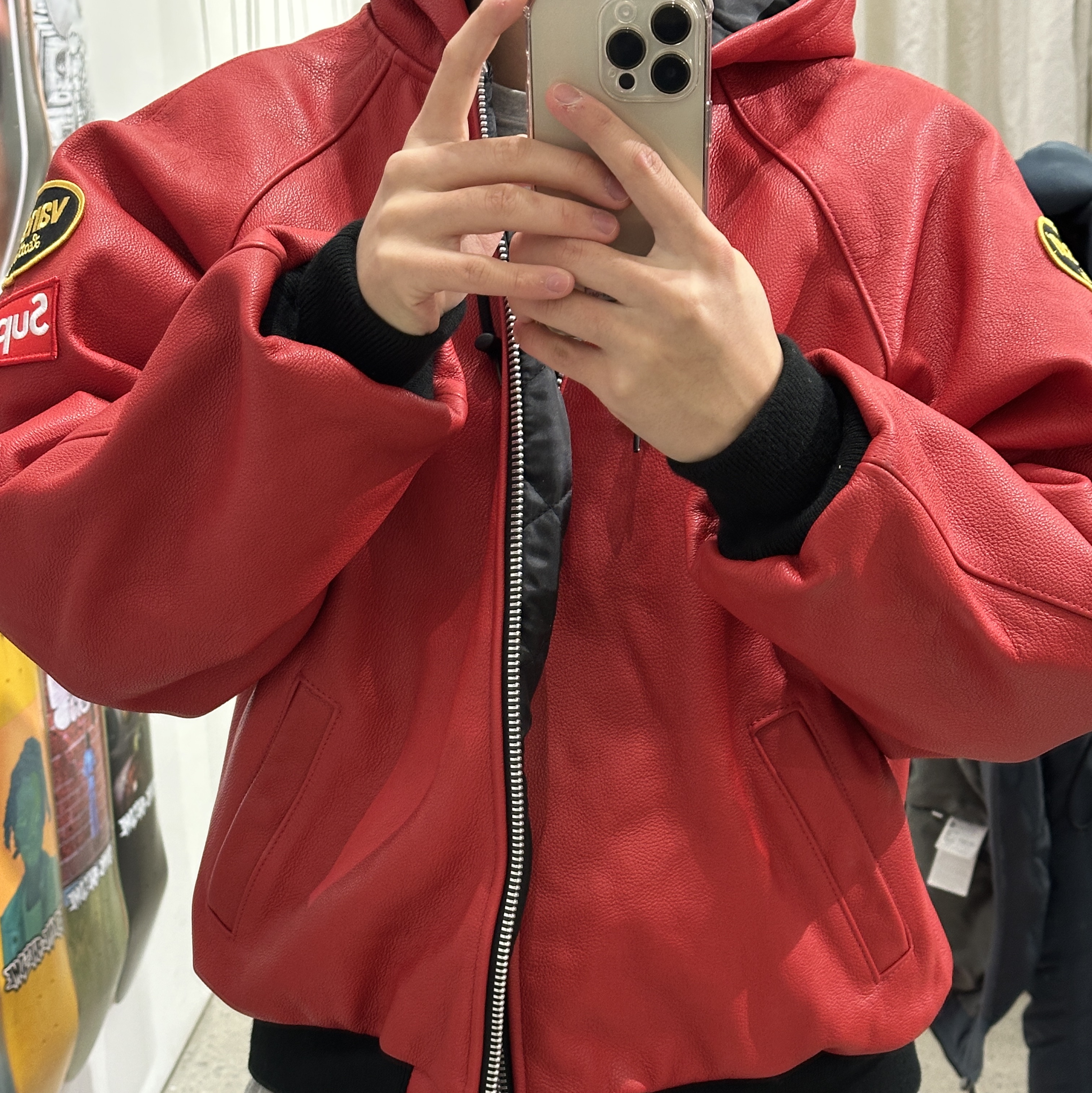 Supreme x Vanson Leathers Hooded Work Jacket Red - 24FW 착용 스타일 - 1