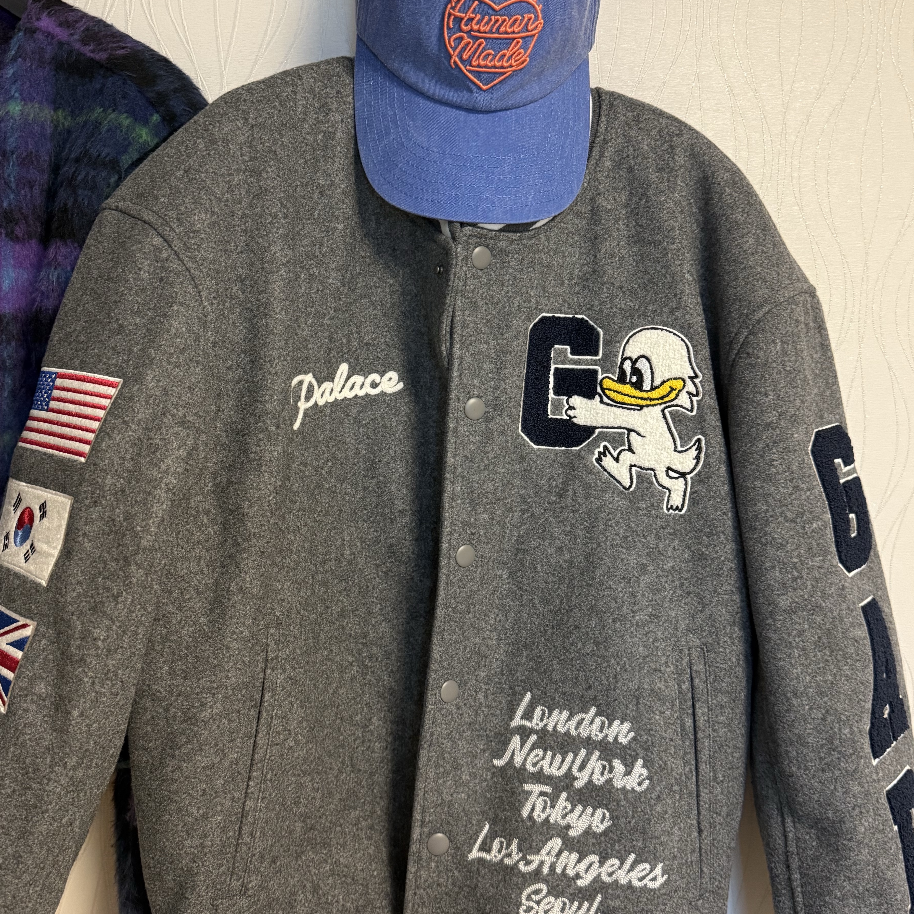 Palace x Gap Varsity Jacket Grey - 24SS, Human Made 6 Panel Cap #1 Blue 착용 스타일