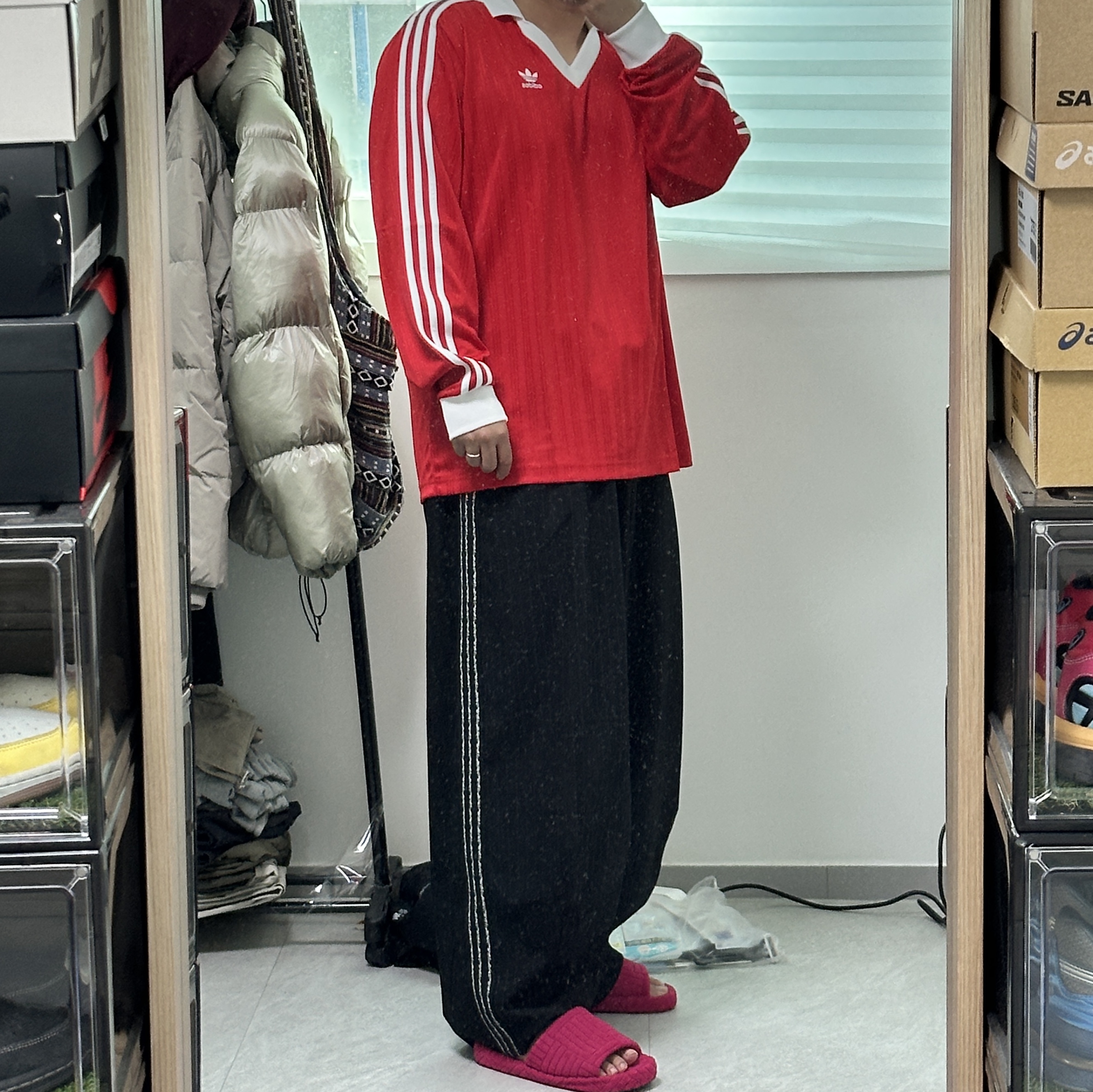 Adidas Adicolor Pique Football Long Sleeve Better Scarlet - KR Sizing 착용 스타일