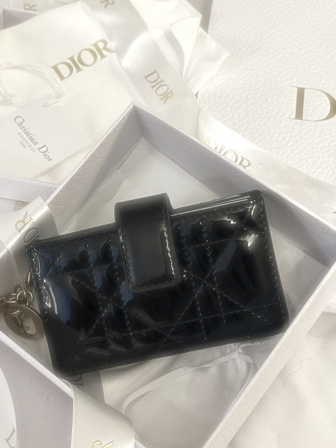 Dior Lady 5-Gusset Card Holder Patent Cannage Calfskin Black 착용 스타일