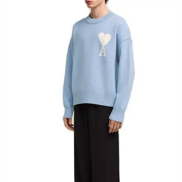 AMI De Coeur Felted Merino Wool Sweater Cashmere Blue Off White 착용 스타일 - 3
